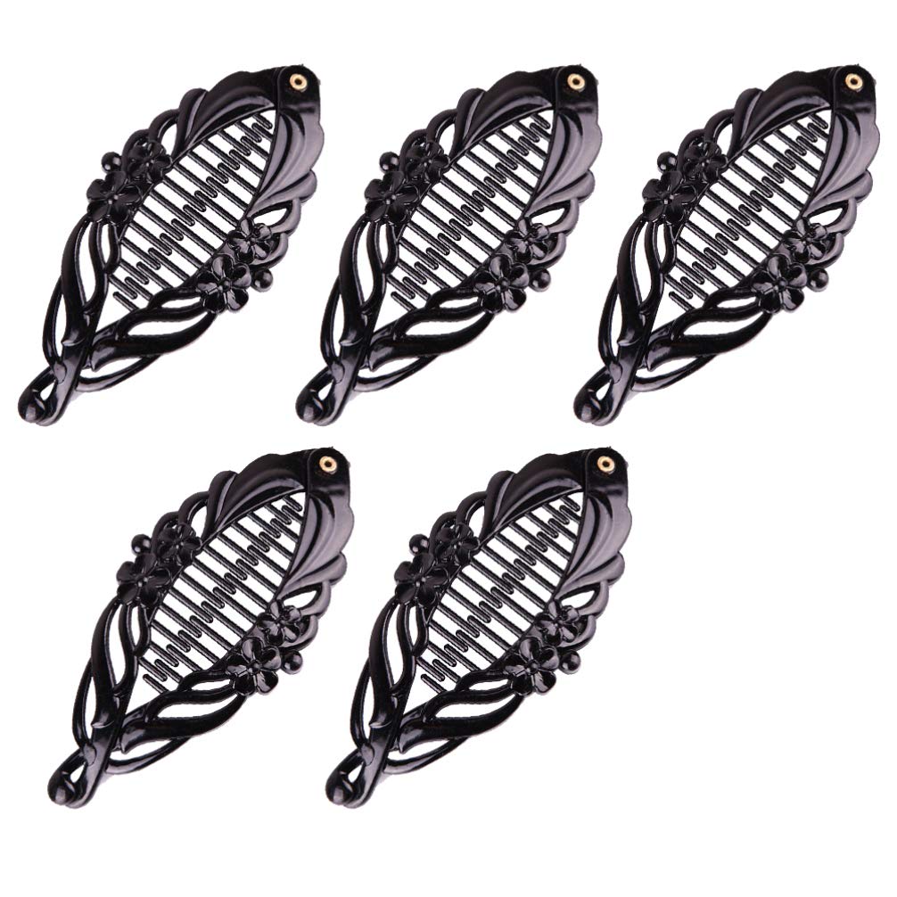 Beaupretty 5-Pack Black Floral Banana Hair Clips - Women's Hair Accessories for Ponytail, Fishtail Braids & Everyday Styling | Perfect for Work, Parties & Casual Outfits