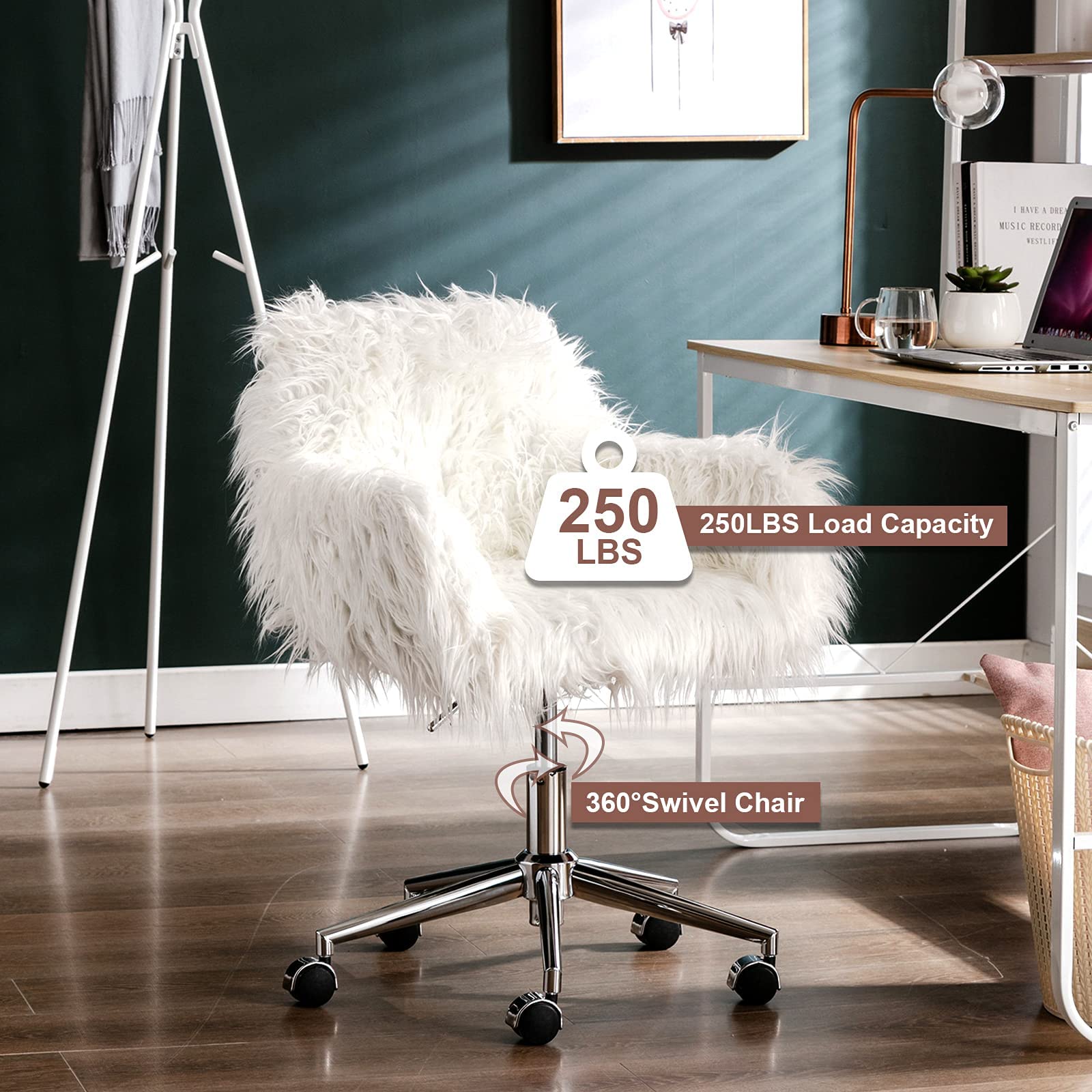 Henf Home Office Chair - Modern Swivel Desk Chair with Wheels, Tufted Faux Fur Vanity Chair for Bedroom & Office - Ergonomic Computer Chair for Women & Girls (White) - Perfect for Home Office, Gaming Setup & Makeup Station