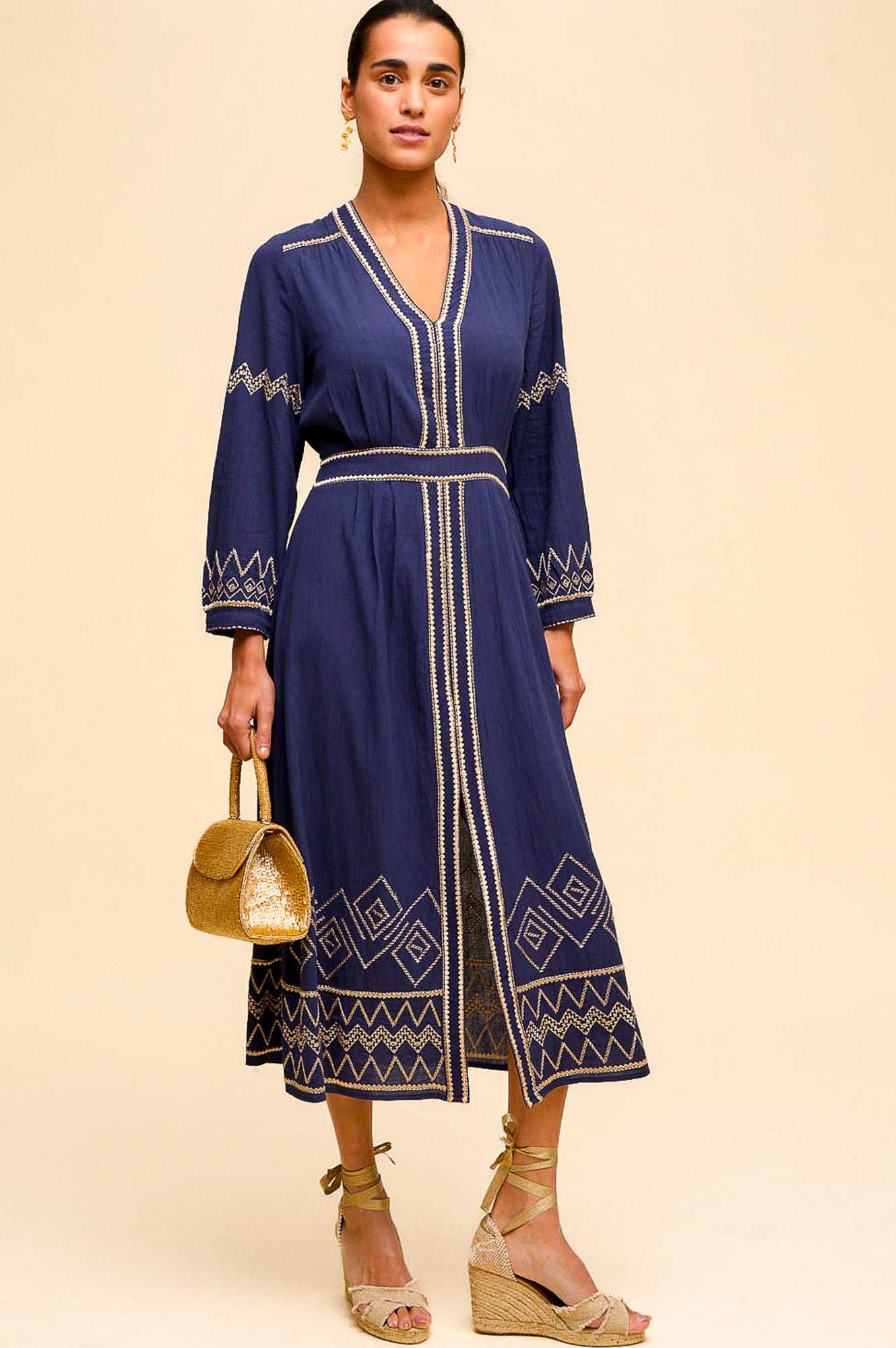 Jamila Embroidered Dress for Women - Navy Blue & Gold Floral Maxi Dress | Elegant Boho Chic Dress for Weddings, Parties & Special Occasions