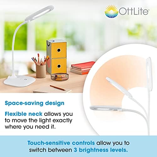OttLite ClearSun LED Desk Lamp with 3 Brightness Levels - Energy Efficient Natural Daylight LED Light - Adjustable Flexible Neck & Touch Control for Home Office, Computer Desk, Dorm Room - Perfect for Reading, Studying & Night Work