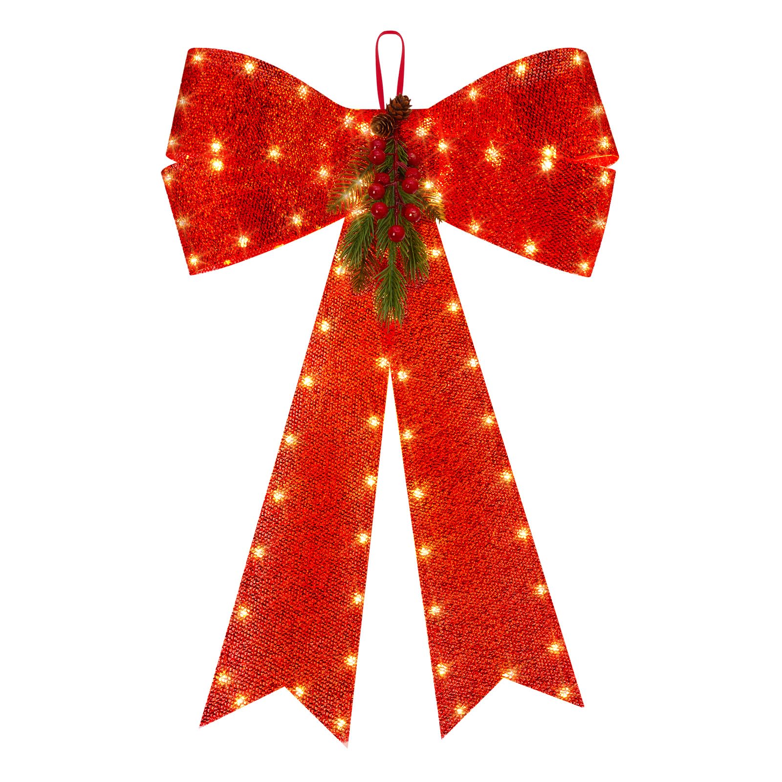 16'' x 24'' LED Christmas Red Bow Decor with Timer - Realistic Red Berries & Pine Cone Needles for Wreaths, Tree Toppers - Perfect for Holiday Parties, Home Decor & Festive Gift Wrapping