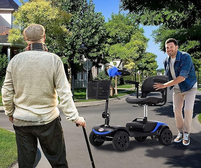 4 Wheel Folding Mobility Scooter for Adults & Seniors - Electric Powered Medical Scooter Wheelchair - Compact Heavy Duty Travel Scooter (Light Blue) - Ideal for Airports, Shopping Malls & Outdoor Activities