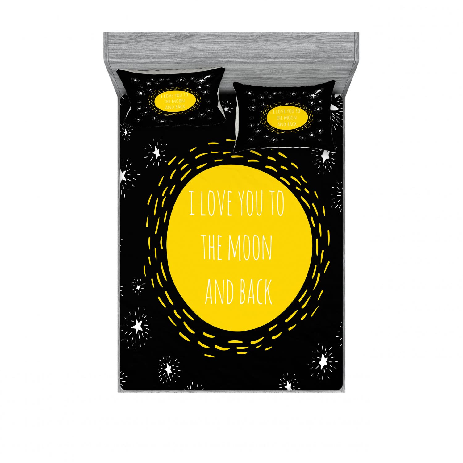 Ambesonne 2-Piece King Size Fitted Sheet Set with 4 Pillow Shams - Romantic Love Quotes & Stars Design in Yellow & Charcoal Grey - Soft Bedding for Couples & Master Bedrooms - Perfect for Valentine's Day Gifts & Cozy Home Decor