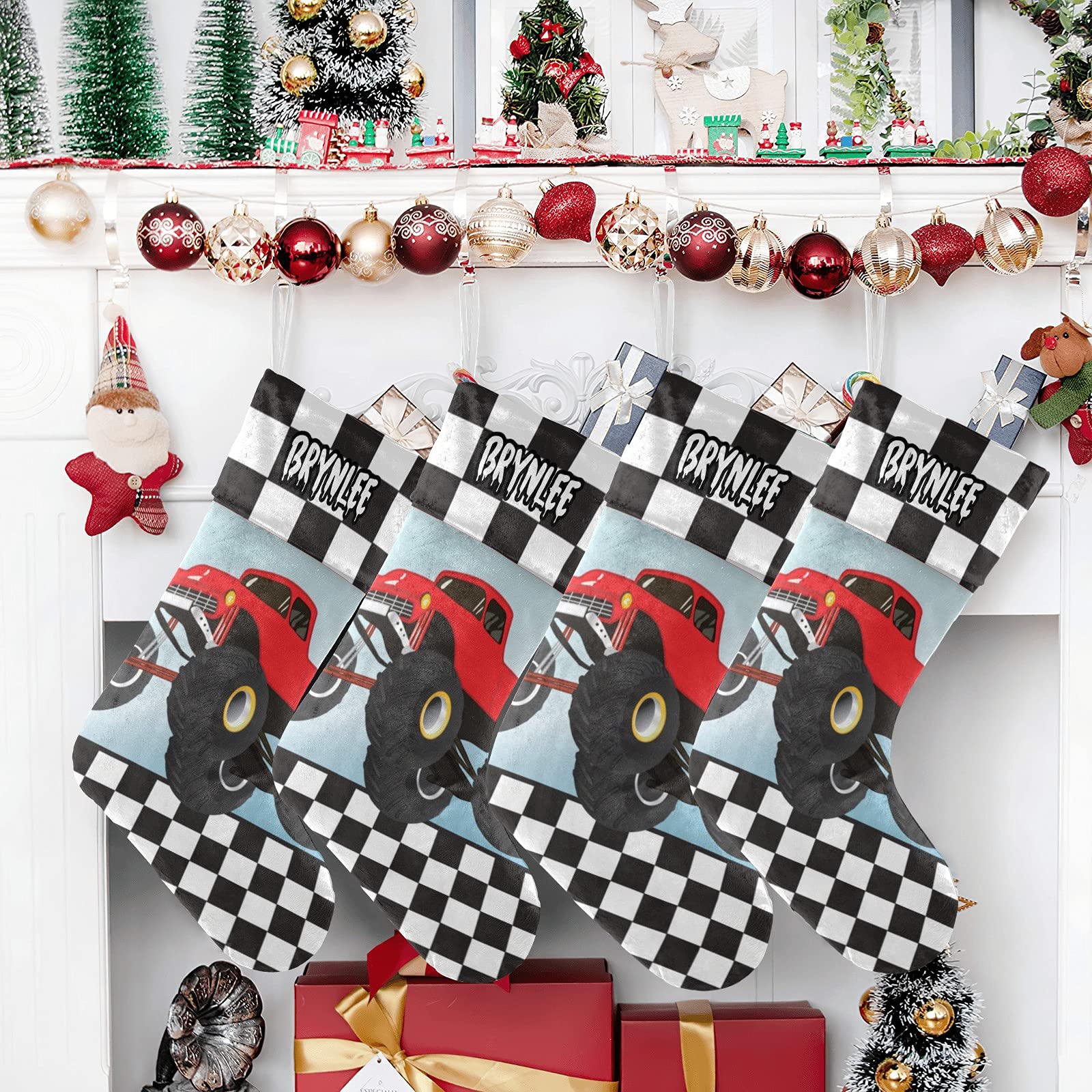 Custom Personalized Red Monster Truck Christmas Stockings with Name - Large Family Holiday Stocking for Adults, Kids, Baby & Pets - Perfect for Xmas Decorations & Gifts for Boys, Girls & Families