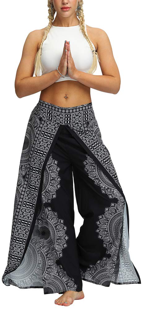 QZUnique Ethnic Printed Yoga Pants - Boho Wide Leg Slit Dance Pants for Women | Summer Casual Beach Wear | Perfect for Yoga, Dance, Travel & Boho Fashion