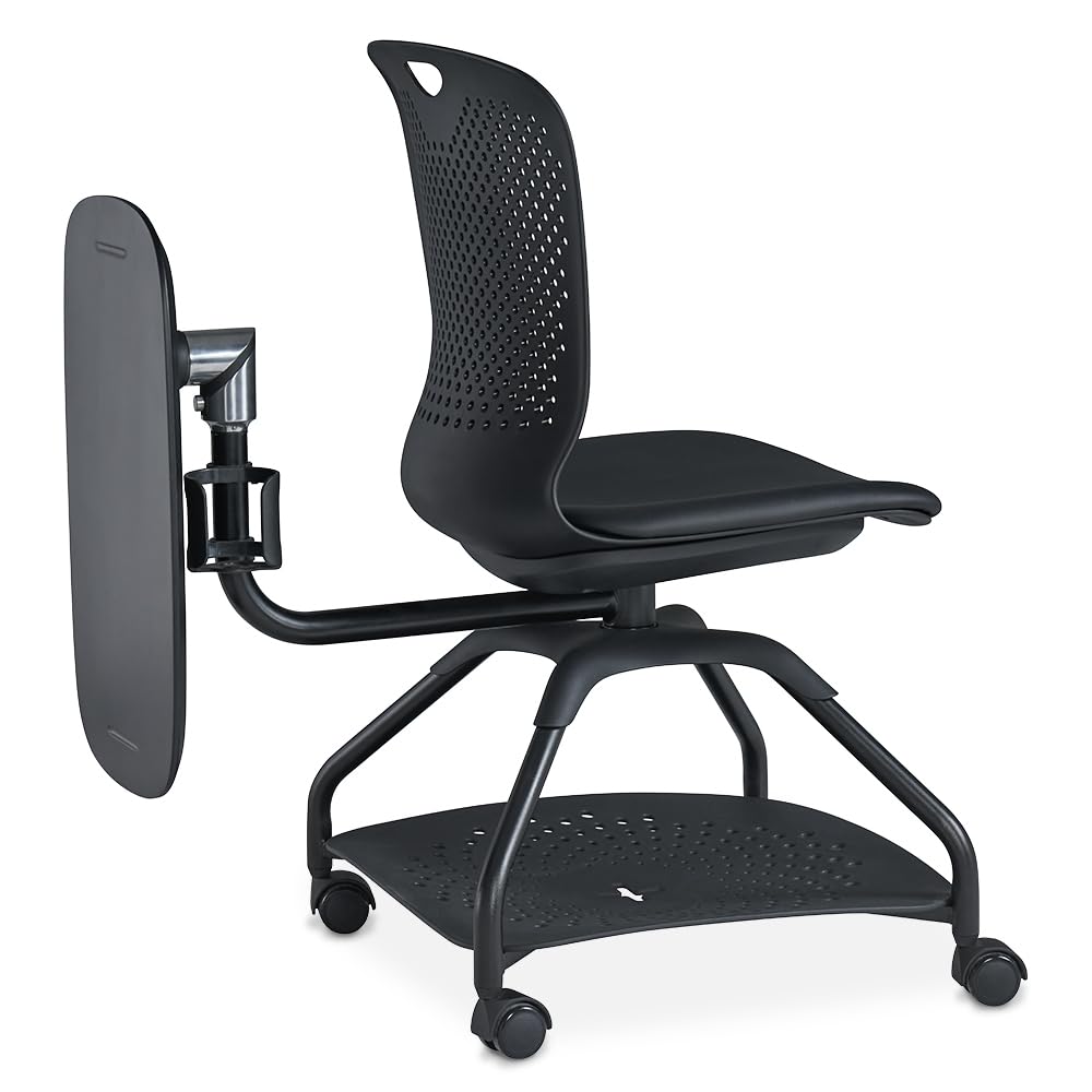NBF Signature Series Armless Swivel Tablet Chair - White Plastic Back & Ocean Polyurethane Seat - Durable Mobile Office Chair with Adjustable Tablet Arm & Heavy-Duty Steel Frame - Perfect for Classrooms, Home Offices & Study Areas