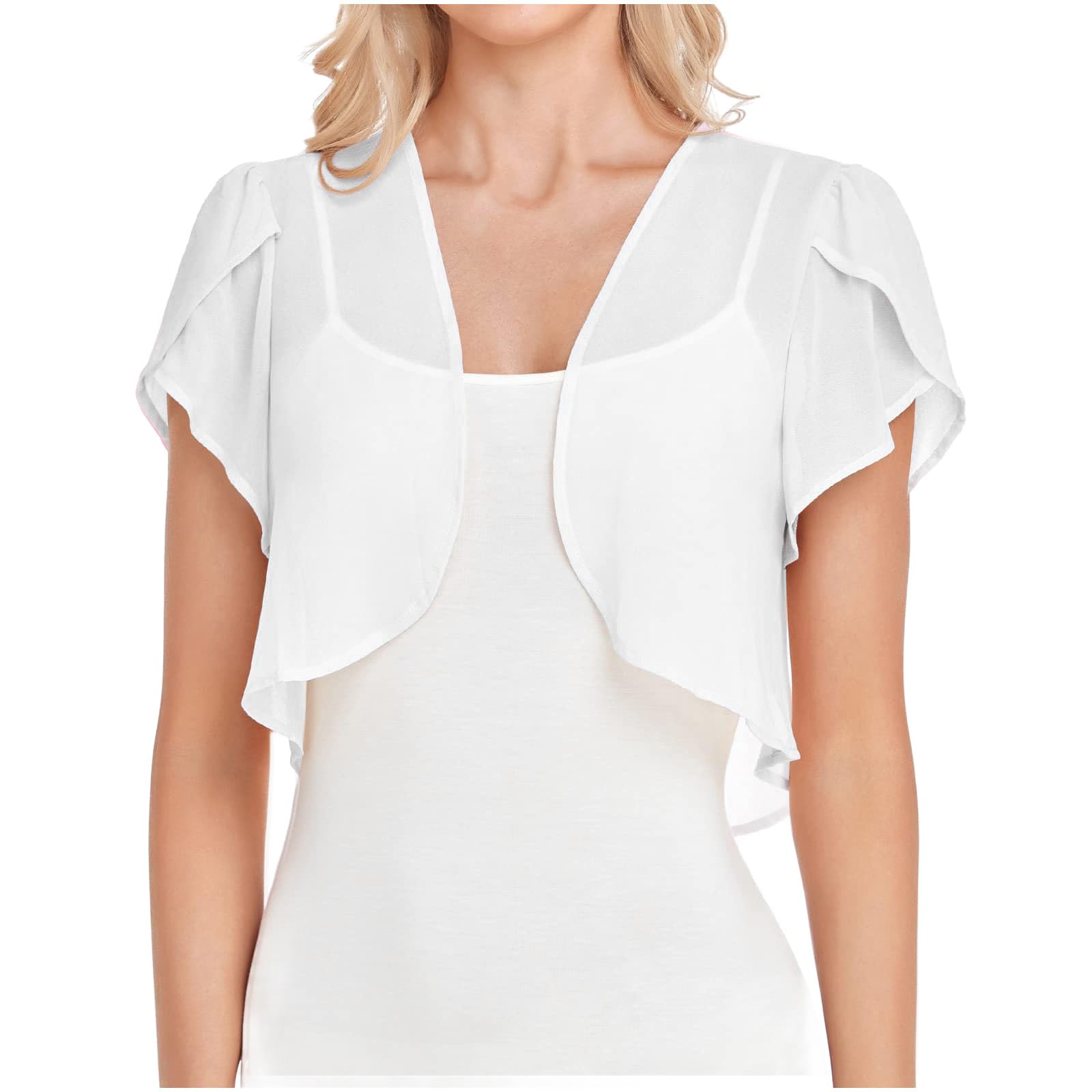 Women's Cropped Shrug Cardigan - Sheer Chiffon Bolero Jacket with Ruffle Trim & Short Sleeves | Open Front Cover Up for Dresses & Tops | Perfect for Summer Weddings, Beach Cover-ups & Date Nights
