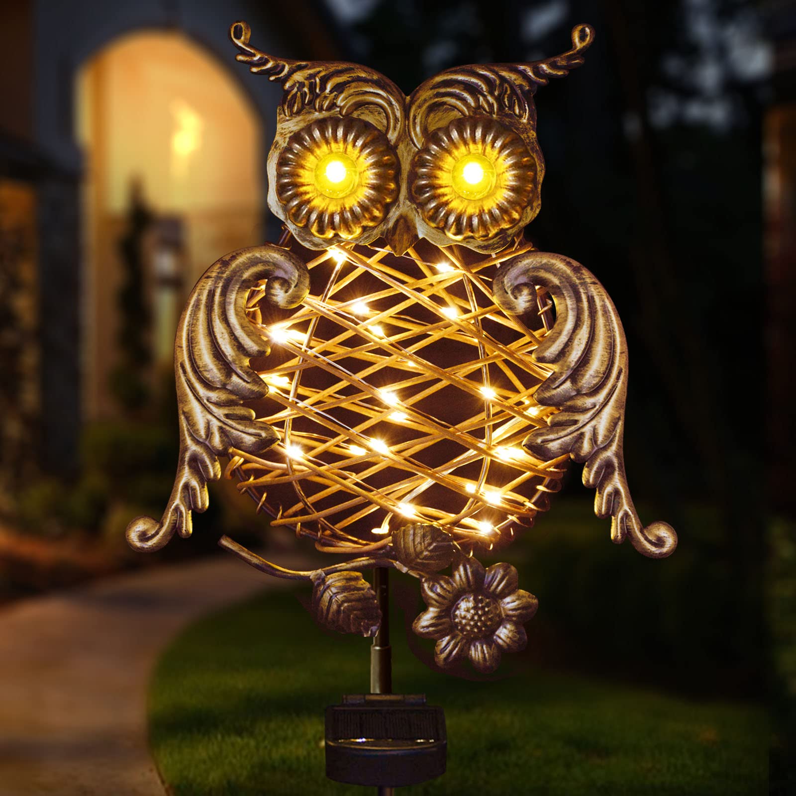Upgraded Metal Solar Owl Garden Lights with Flickering Eyes - Outdoor Decorative Owl Statues for Yard, Pathway & Lawn Decor - Unique Owl Gifts for Gardening & Flower Bed - Bronze Solar Powered Owl Sculpture - Perfect for Patio, Garden Decor & Nighttime Ambiance