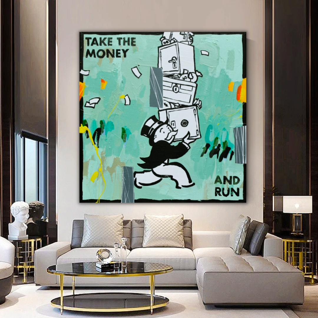 Alec Monopoly 'Take The Money And Run' Canvas Wall Art - Modern Pop Art Home Decor for Living Room, Bedroom & Office