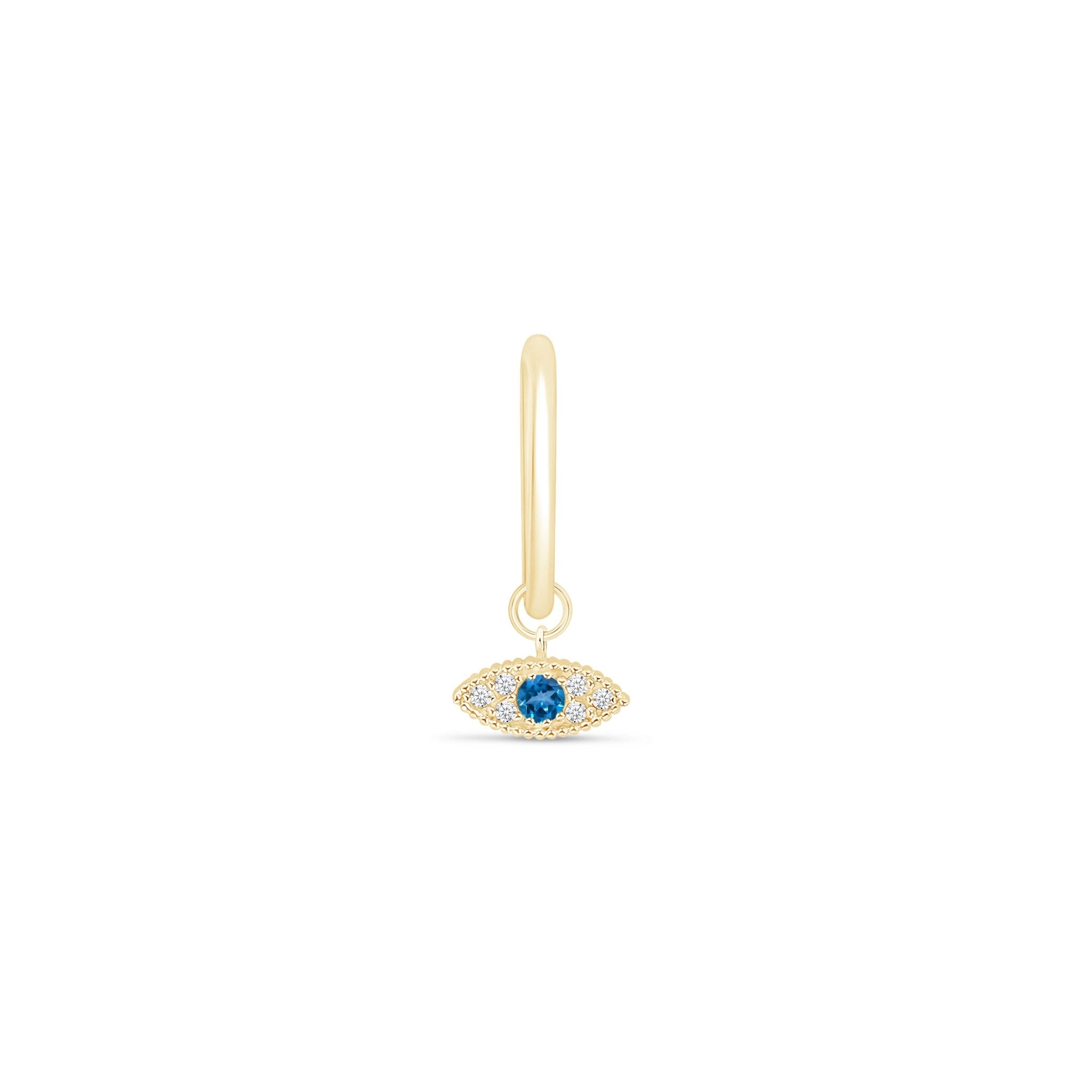 14k Yellow Gold Hoop Earrings with Blue Topaz Evil Eye Charm - Stylish Protection for Everyday Wear & Gift Giving