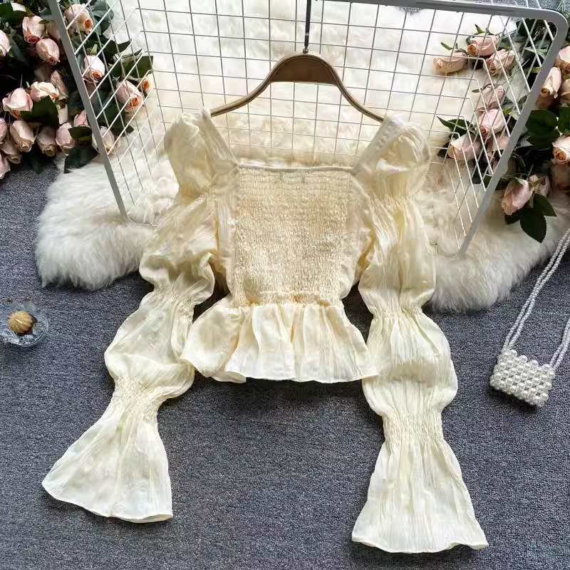 Elegant Puff Sleeve Ruffle Cropped Top for Women - Trendy Summer Blouse for Casual Outings & Date Nights | 1037