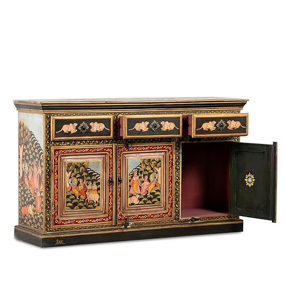 Hand Painted Mango Wood Sideboard - Multi-Color Rustic Buffet Cabinet for Dining Room, Living Room & Entryway Storage
