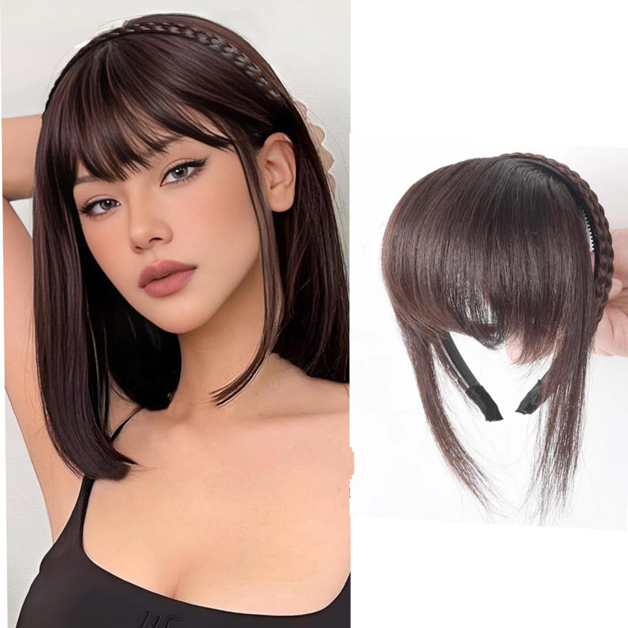 Miss Lirenn® Synthetic Bangs Headband for Women - Clip-in Fringe Hair Extensions with Adjustable Hair Band | Dark Brown | Perfect for Cosplay, Costume Parties & Daily Styling