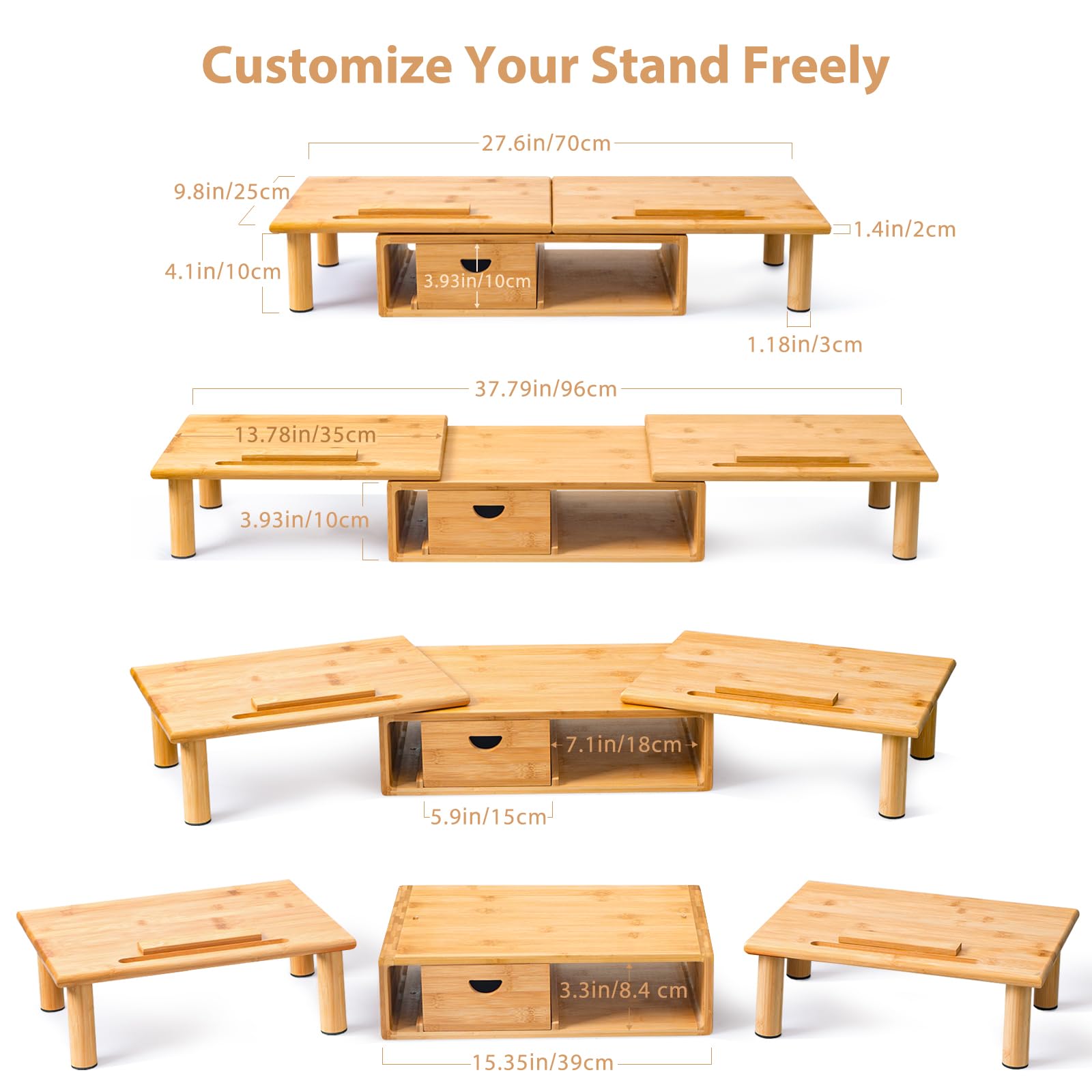 Adjustable Bamboo Dual Monitor Stand Riser with Storage Drawer - Ergonomic Desk Shelf for 2-3 Screens, Laptops, PC & TV - Perfect for Home Office, Gaming Setup & Workspace Organization (Natural Wood Finish)