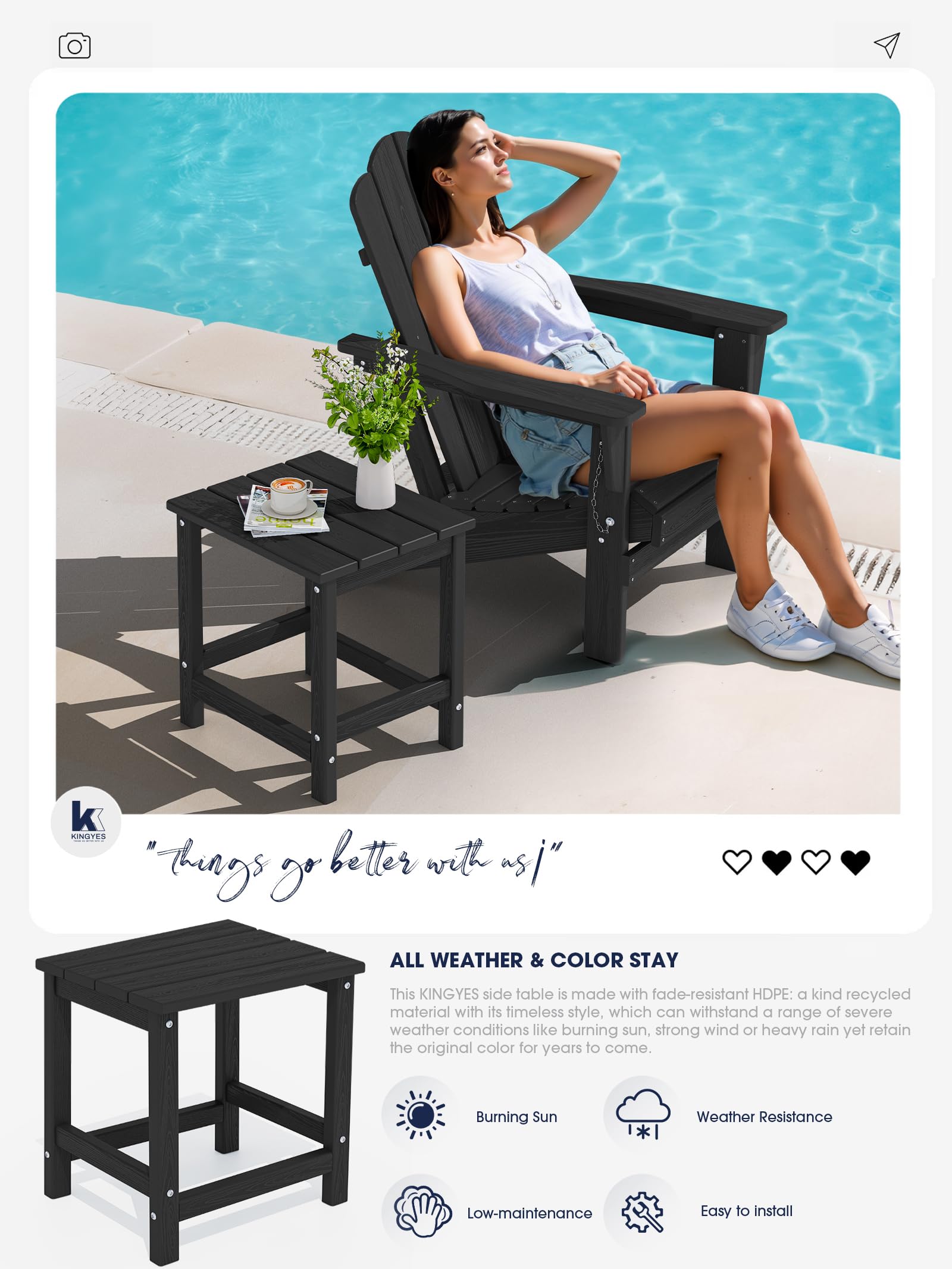 KINGYES Black Adirondack Side Table - Outdoor Patio Rectangular End Table for Garden, Deck, Poolside & Porch Use