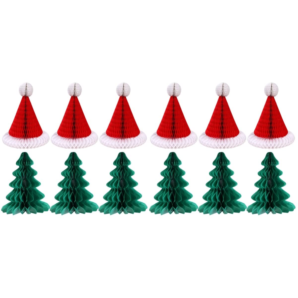 12 Pcs Christmas Honeycomb Tissue Paper Ornaments - Santa Hats & Tree Decorations for Holiday Party, Home, Office & Gift Wrapping | Festive DIY Xmas Craft Supplies