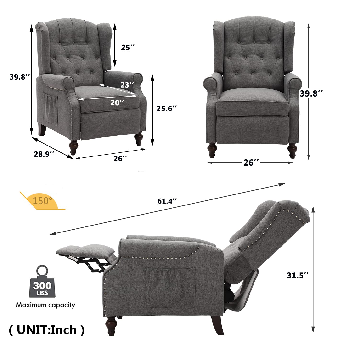 Elizabeth Tufted Wingback Recliner Chair with Massage & Heat - Mid-Century Modern Upholstered Club Chair with Side Pockets - Comfortable Living Room Recliner for Relaxation & Home Theater (Light Grey)