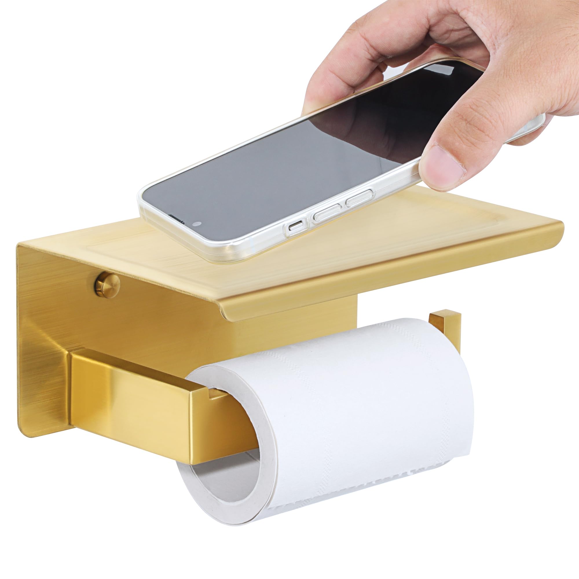 Stainless Steel Toilet Paper Holder with Shelf - SUS304 Bathroom Tissue Roll Dispenser, Brushed Gold Finish - Self-Adhesive or Wall Mount - Perfect for Small Bathrooms, Powder Rooms & RVs