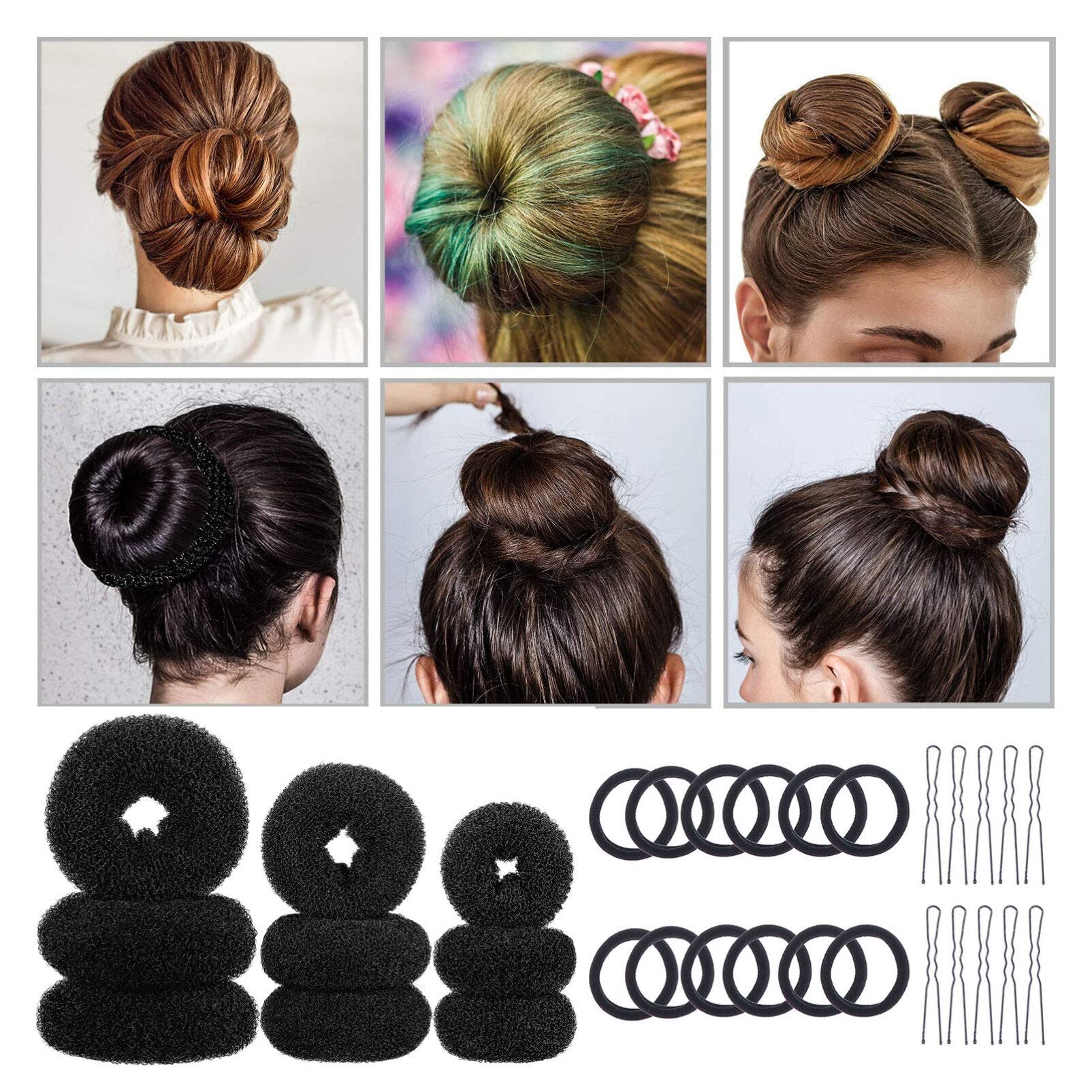 3 Sets Updo Hair Accessory Kit - Hair Clips, Donut Bun Maker, Ponytail Holder & Styling Tools for DIY Hairstyles - Perfect for Parties, Weddings & Everyday Use