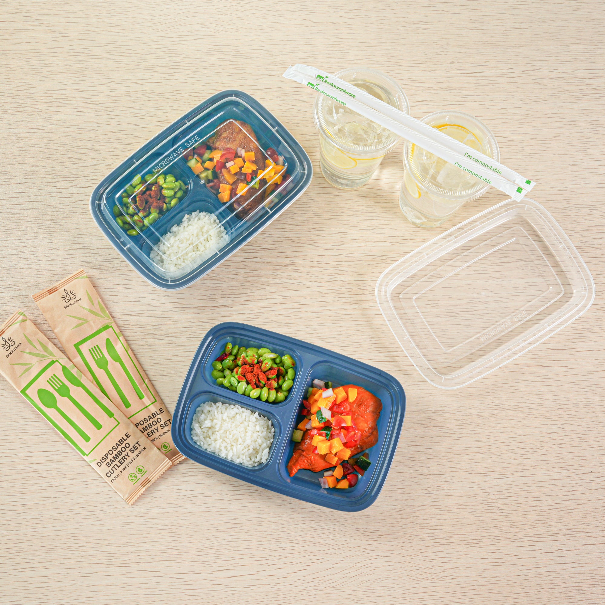 Asporto 26 oz 3-Compartment Plastic Food Storage Containers with Clear Lids - Microwave Safe, BPA Free (8.75