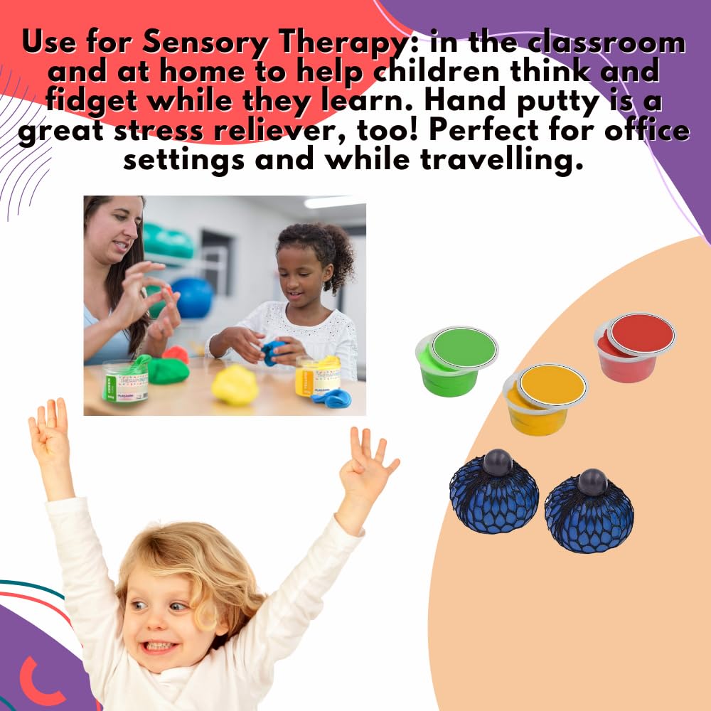 Therapy Putty for Hand Exercise - 3 Pack Non-Toxic Squeezable Stress Relief Putty (Soft/Medium/Firm) + 2 Sensory Fidget Balls - Occupational Therapy Tools for Adults & Kids - Perfect for Anxiety Relief, Rehabilitation, and Special Needs Sensory Play