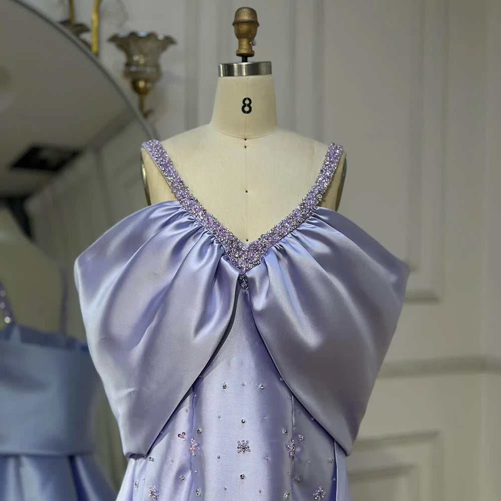Elegant Lilac Off Shoulder Evening Dress with Detachable Cape & Beaded Details - LA72529 | Wedding Guest Dress, Prom Gown & Special Occasion Party Dress