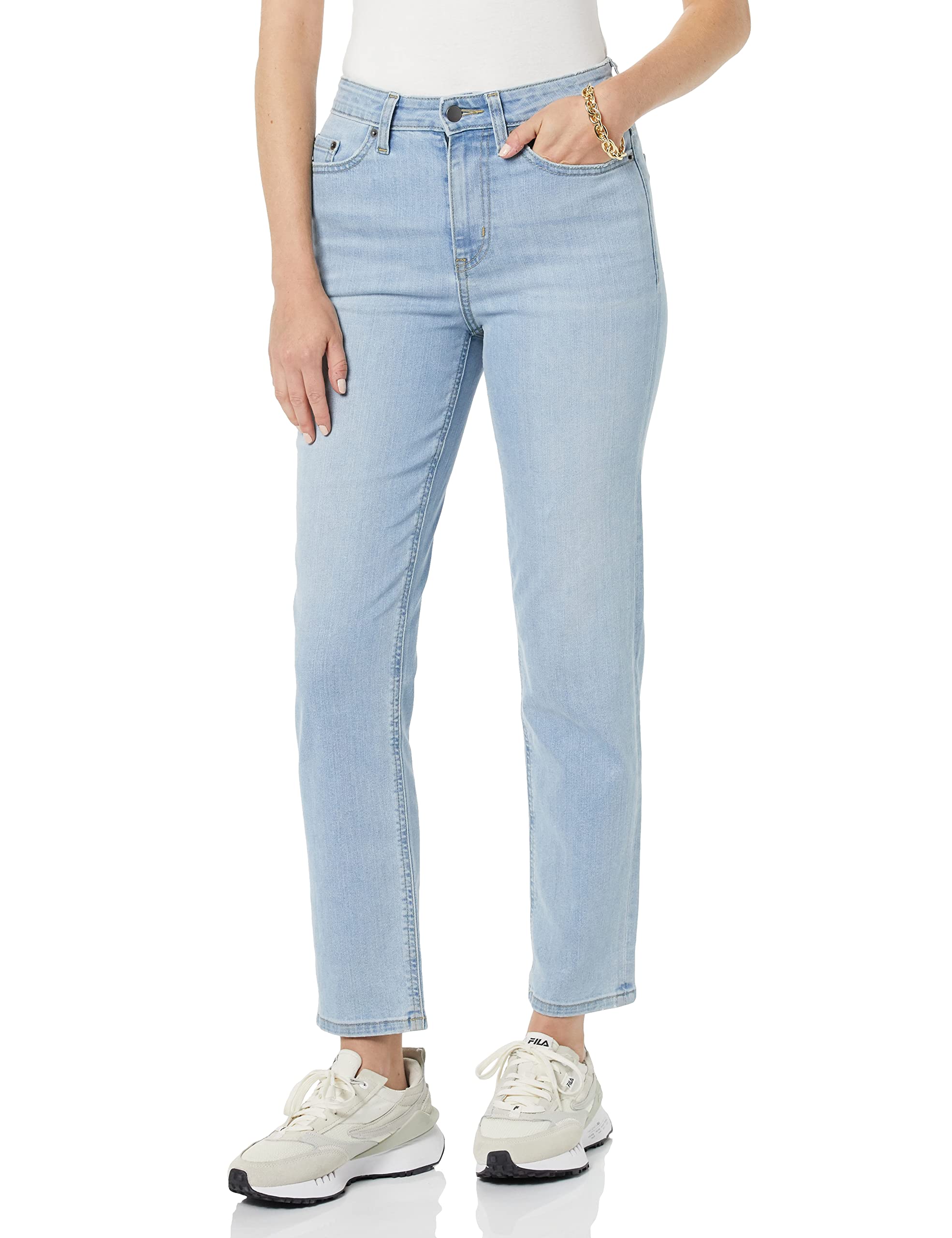 Amazon Essentials Women's High-Rise Straight Leg Jeans - Comfortable Stretch Denim Pants for Casual Wear & Everyday Outfits