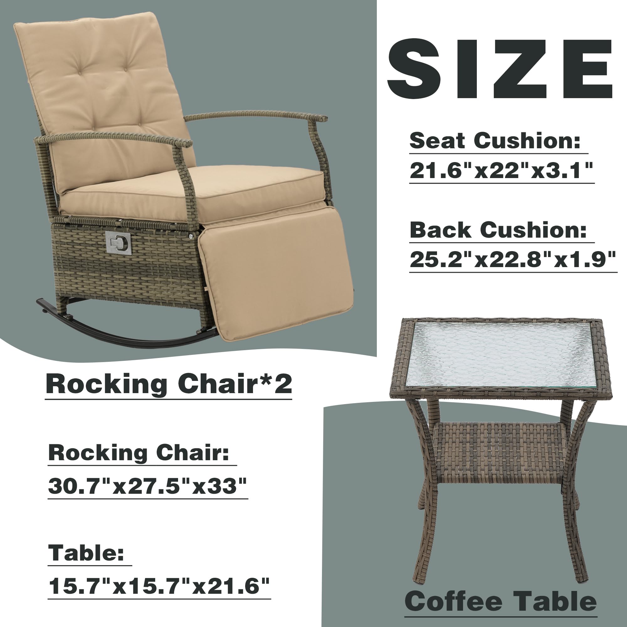 **Outdoor Rocking Chairs Adjustable Rattan Recliner - PE Wicker Patio Furniture Set with Thick Cushions & Removable Glass Tabletop, Beige - Perfect for Garden, Poolside, and Backyard Relaxation**