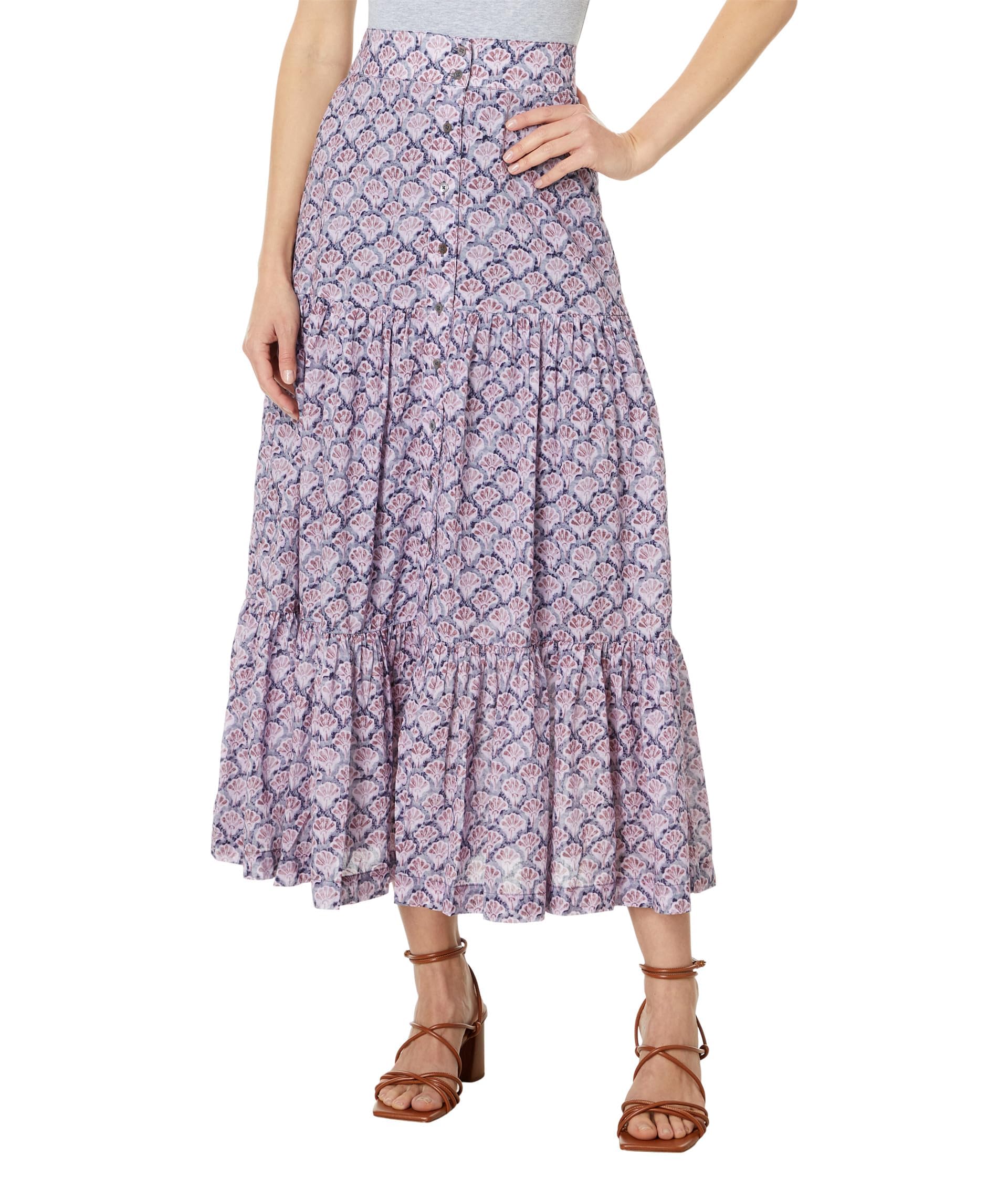 NIC+ZOE Women's Flowy Tiered Skirt with Falling Fan Print - Elegant A-Line Midi Skirt for Casual, Office & Special Occasions