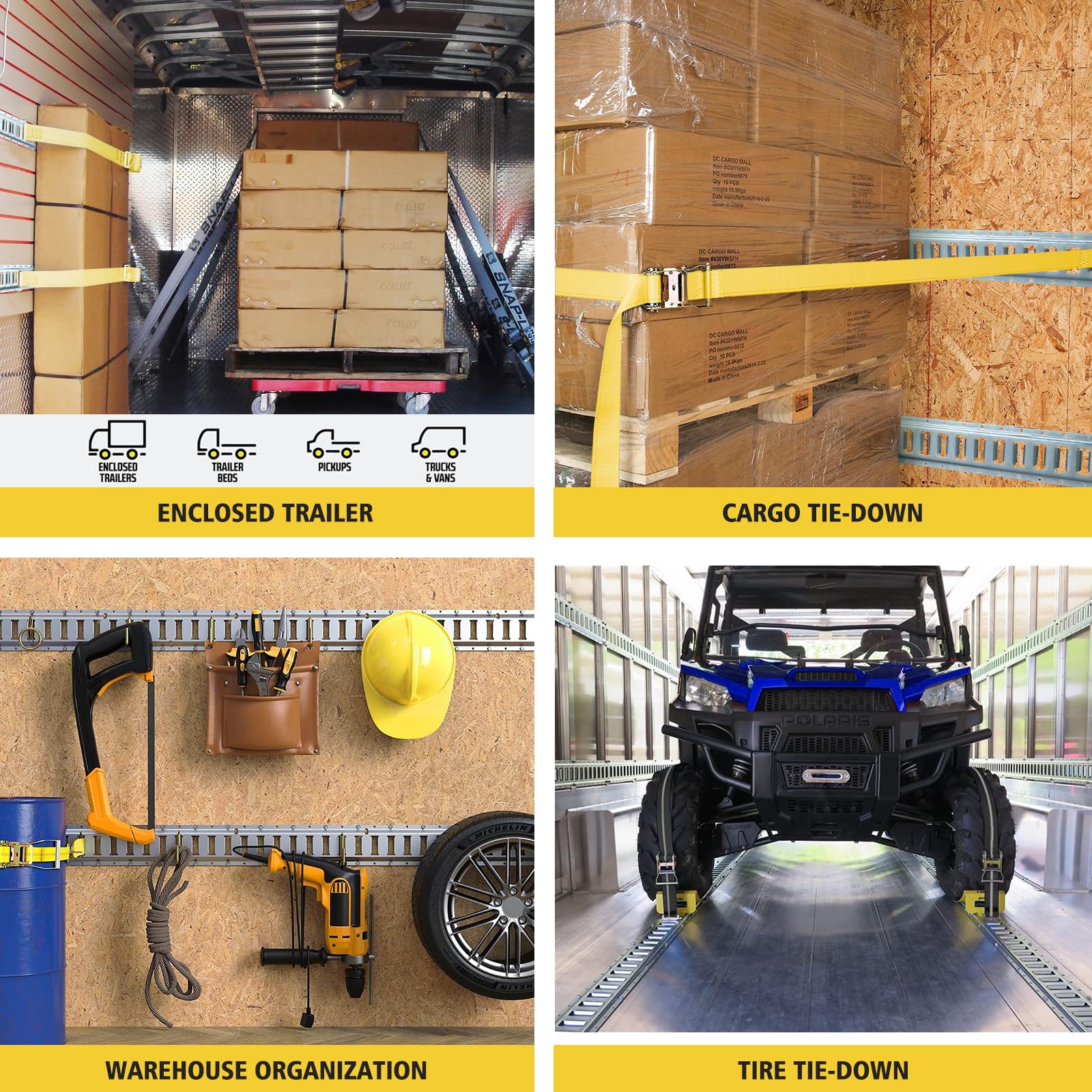 GARVEE 4 Pack 5FT E Track Tie Down Rail Kit - Includes 4 Steel Rails, 4 O Rings & 4 D Ring Tie Offs - Heavy Duty Trailer & Truck Bed Securing Accessories for Cargo Transport, Moving, RV & Boat Storage