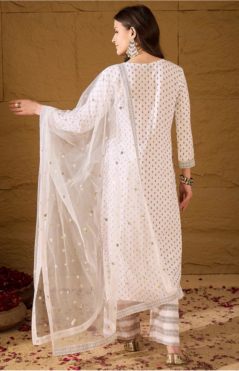 White Viscose Rayon Ethnic Printed Straight Suit Set for Women - Bohemian Style Summer Outfit for Beach, Vacation & Casual Wear