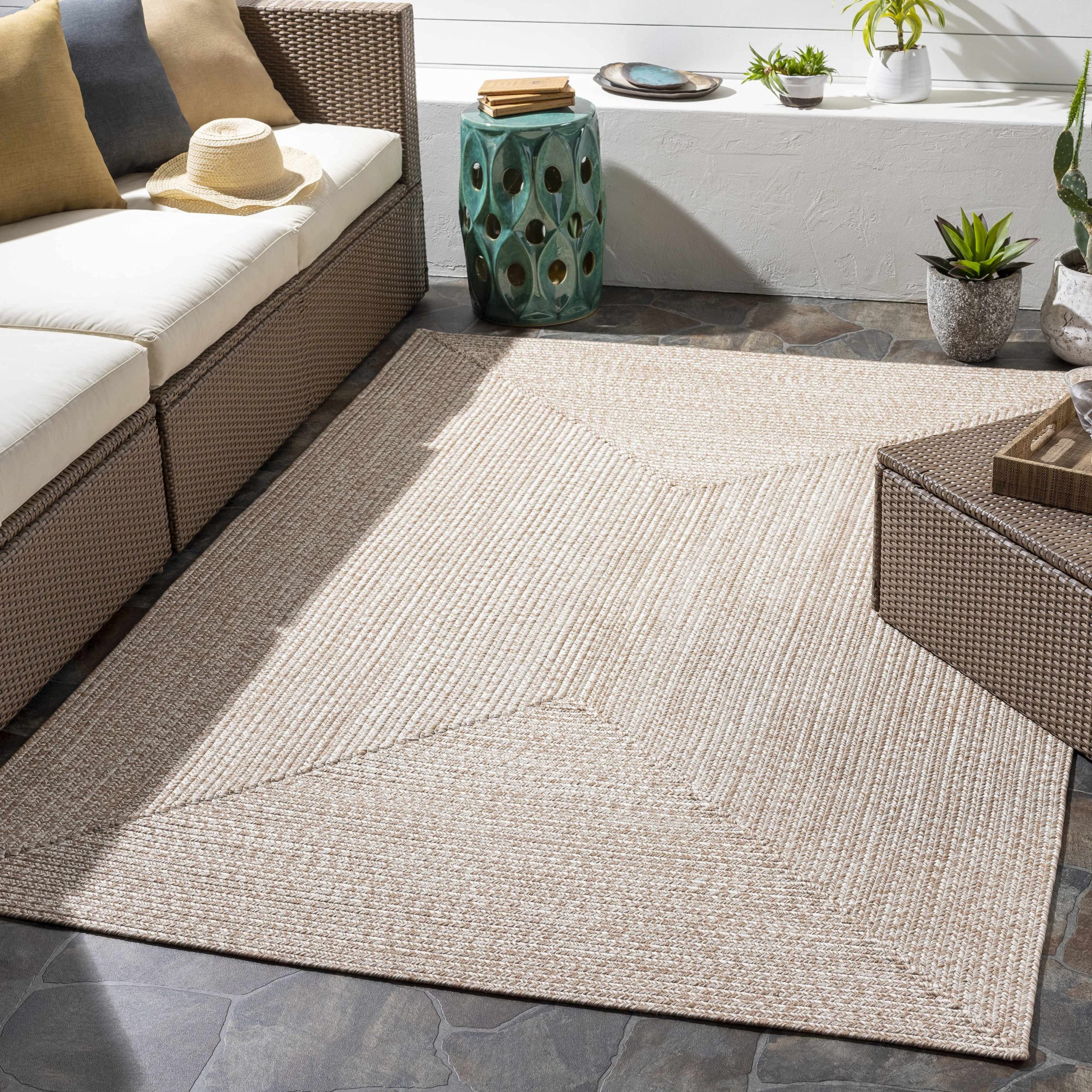 Premium Hauteloom Flaxville Indoor Outdoor Area Rug - Soft Beige & Brown - 6' x 9' - Perfect for Living Room, Bedroom, Patio & Deck Decor