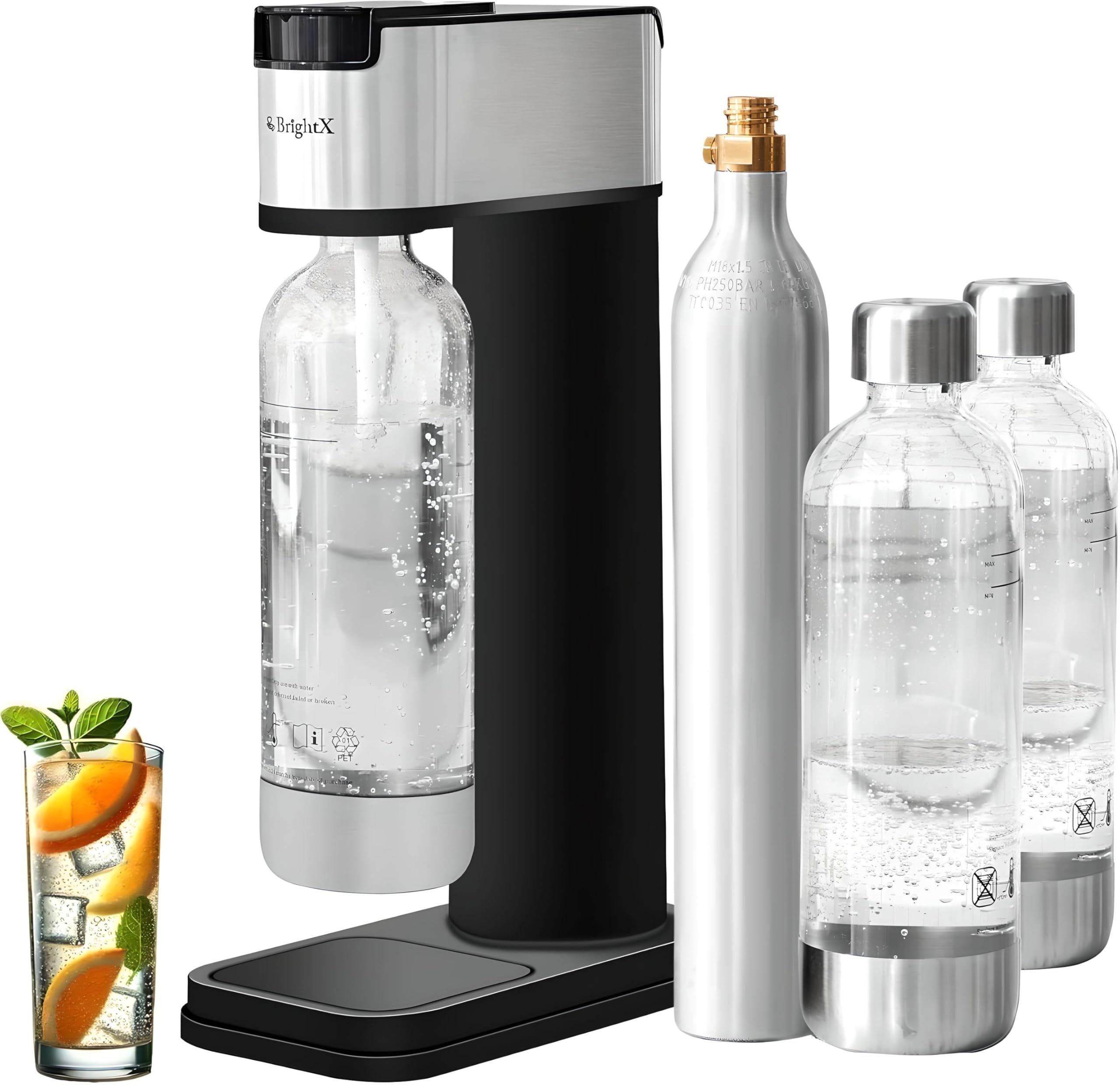 Stainless Steel Soda Maker & Sparkling Water Machine with 2 BPA-Free Bottles - DIY Carbonated Water Maker for Homemade Soda, Sparkling Drinks - Compatible with Any CO2 Cylinder (Empty CO2 Included) - Perfect for Home Bars, Parties, and Healthy Hydration