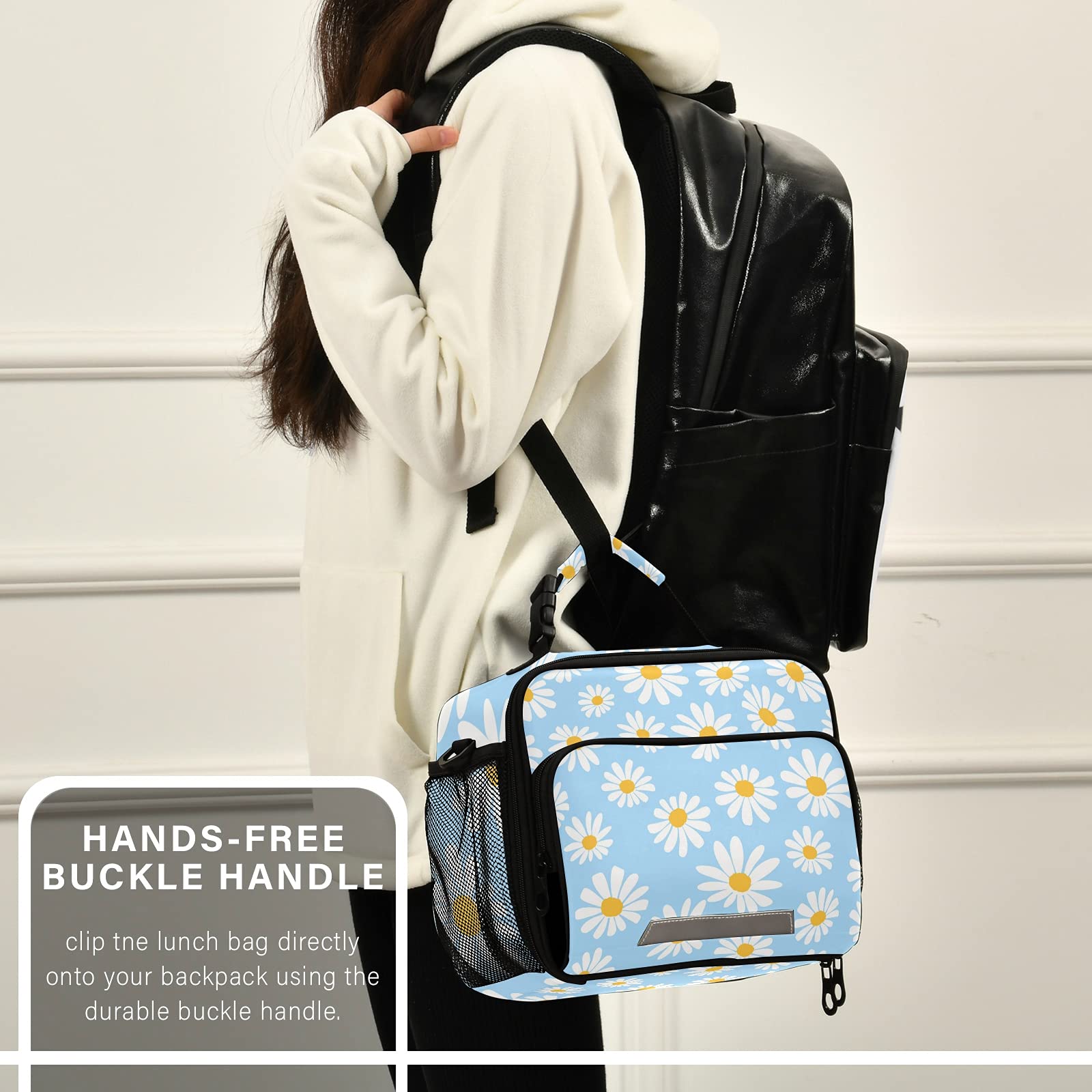 Xigua Insulated Lunch Bag with Detachable Shoulder Strap - Daisy Flower Design on Blue Background, Thermal Cooler Tote for School, Office, Picnic & Travel - Perfect for Students, Men & Women