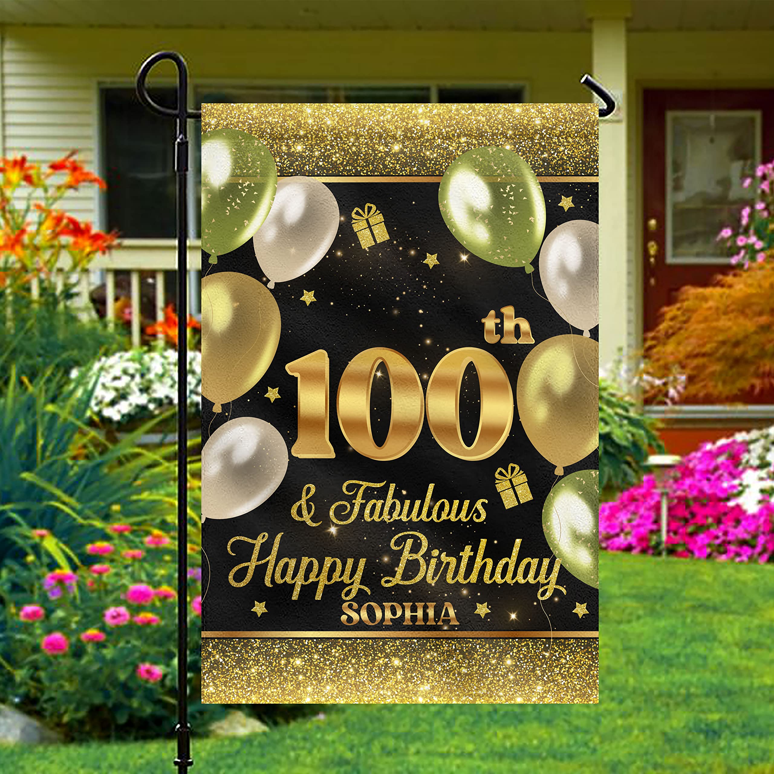 Personalized 100th Birthday Yard Sign - Black & Gold Double-Sided 12.5x18 Inch Outdoor Lawn Decoration for 100 Years Old Celebration | Perfect for Garden Flags, Party Decorations & Outdoor Festivities