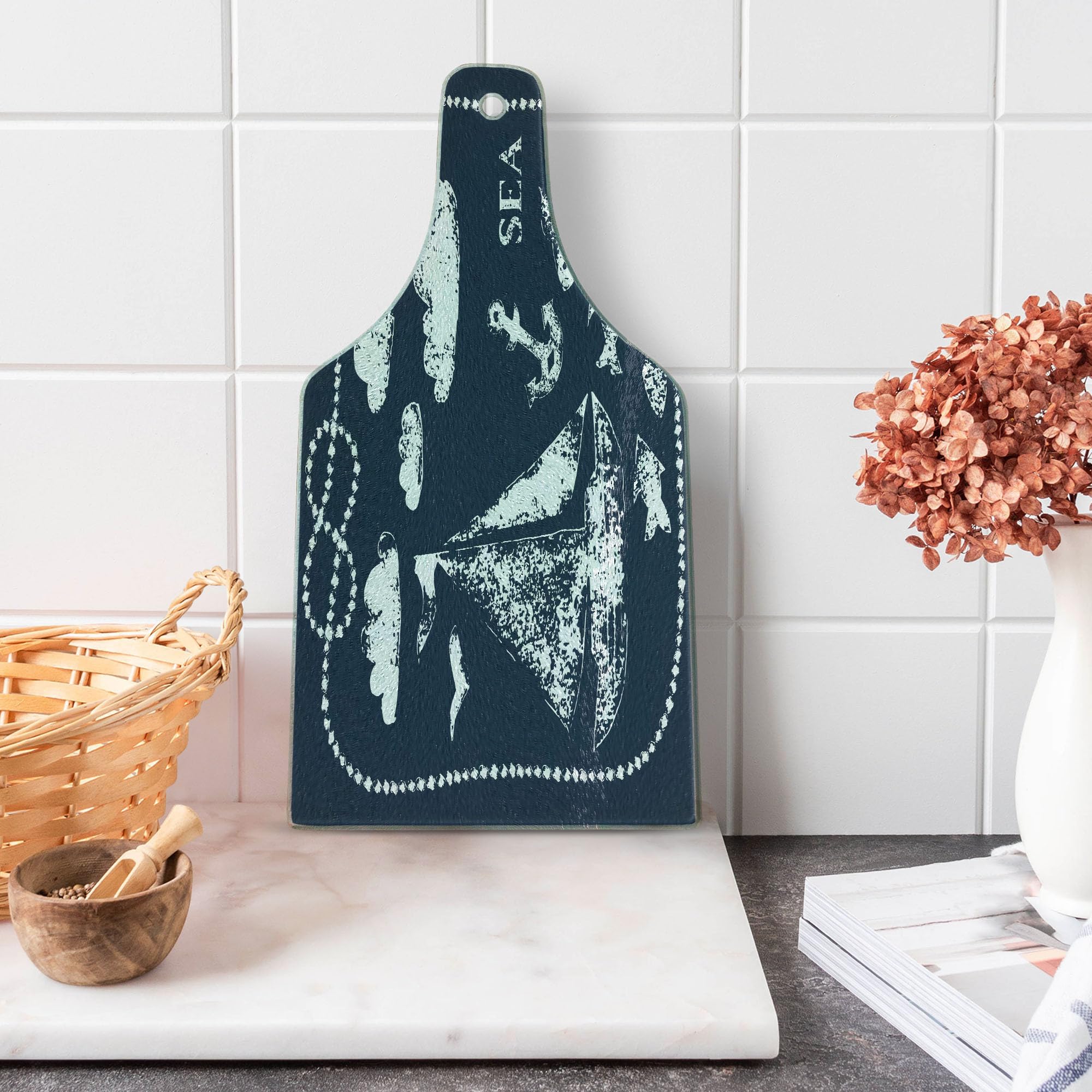 Ambesonne Navy Blue Tempered Glass Cutting Board - Sea Themed Marine Underwater Yacht Cruise Pattern - Decorative Serving Board with Wine Bottle Shape - Perfect for Kitchen, Dining & Entertaining - Navy & White