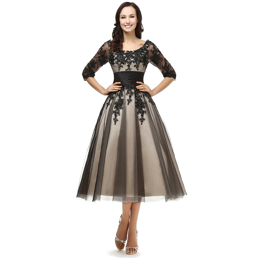 Kivary Women's Sheer Vintage Half Sleeve Champagne & Black Formal Dress for Mother of the Bride - Elegant Wedding Guest, Cocktail Party & Special Occasion Attire