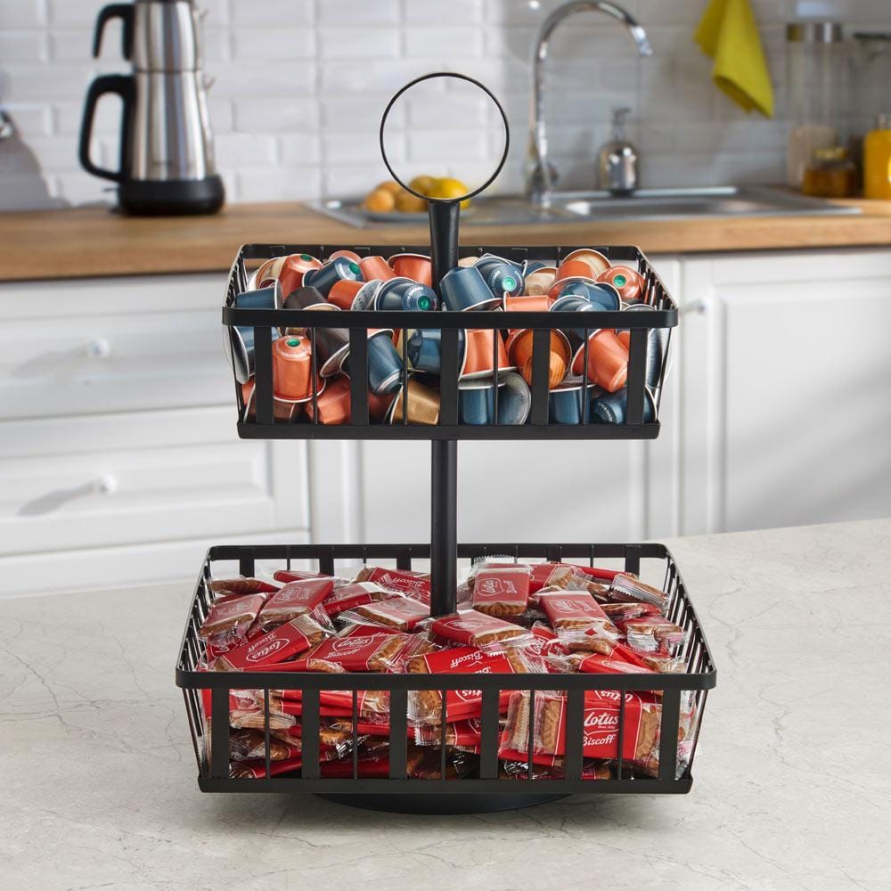 2-Tier Rotating Fruit Basket - Band & Stripe Design for Countertop Storage | Perfect for Kitchen, Dining Room, or Pantry Organization