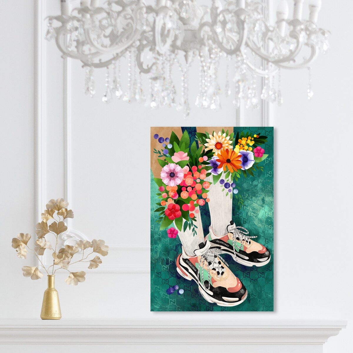 Stylish Floral Sneakers & Socks Set with Modern Green Canvas Wall Art Print - Perfect for Bedroom Decor and Casual Outfits