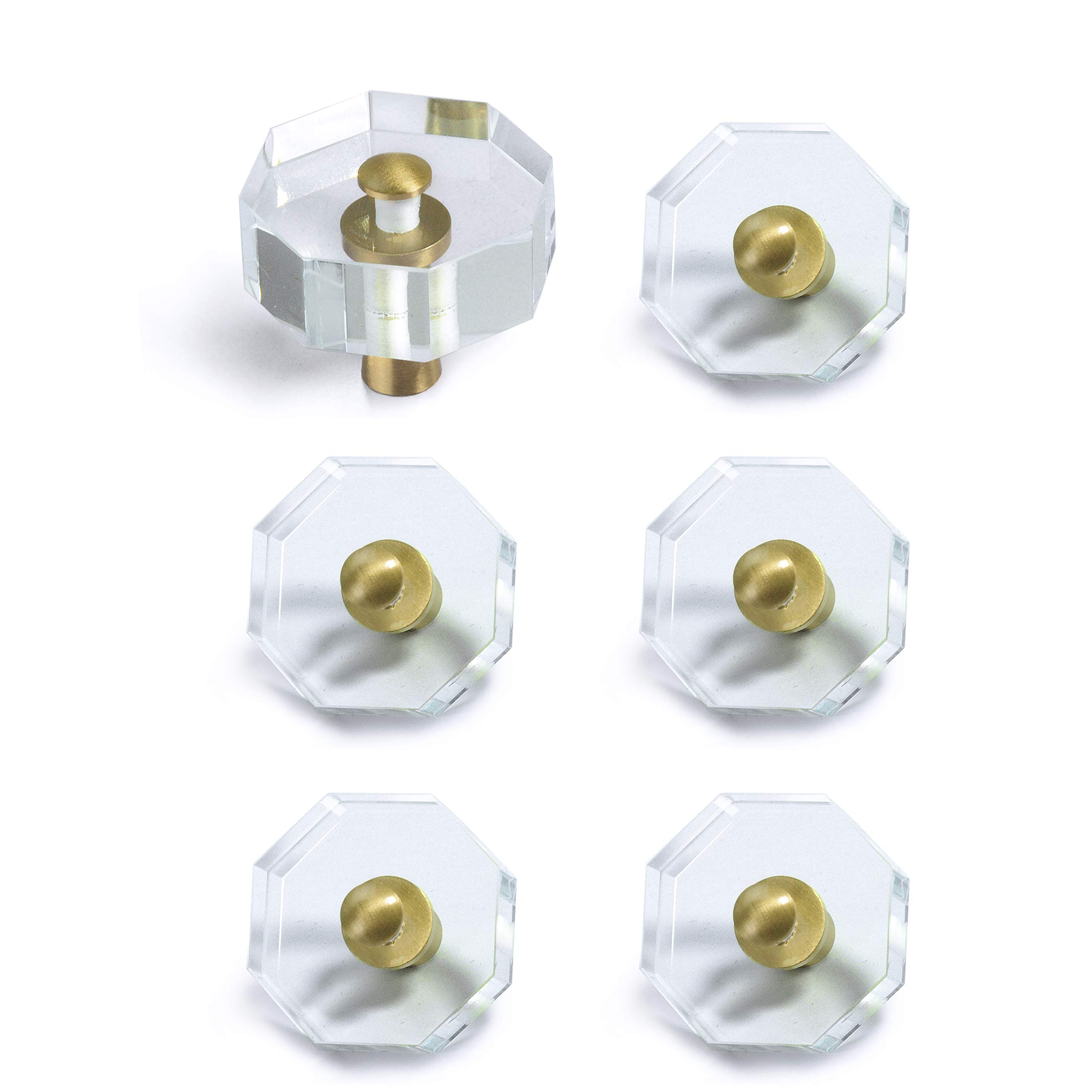JEREVER 6 Pack Gold Cabinet Knobs - Octagon Glass Crystal Drawer Pulls with Brass Base - Vintage Furniture Hardware for Dresser, Kitchen Cabinets & Bathroom Vanity (Antique Gold Finish)