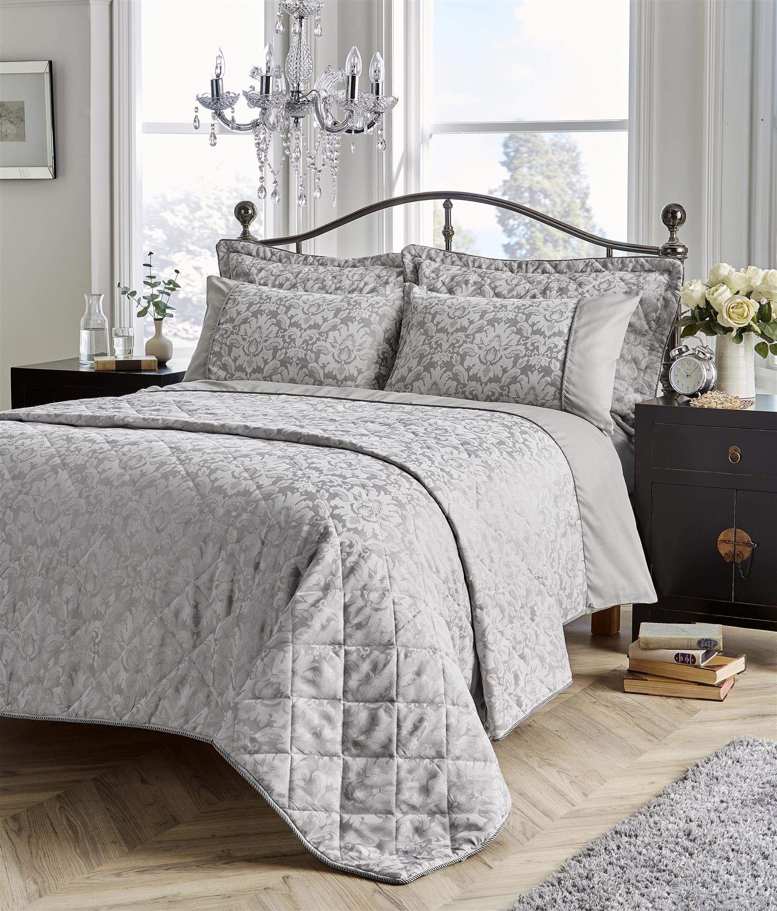 Olivia Rocco Luxury Savoy Bedspread Quilted Throw and Pillow Shams Set - King Size (220x230cm) Grey - Elegant Bedroom Decor for Master Suite, Guest Room & Hotel Styling