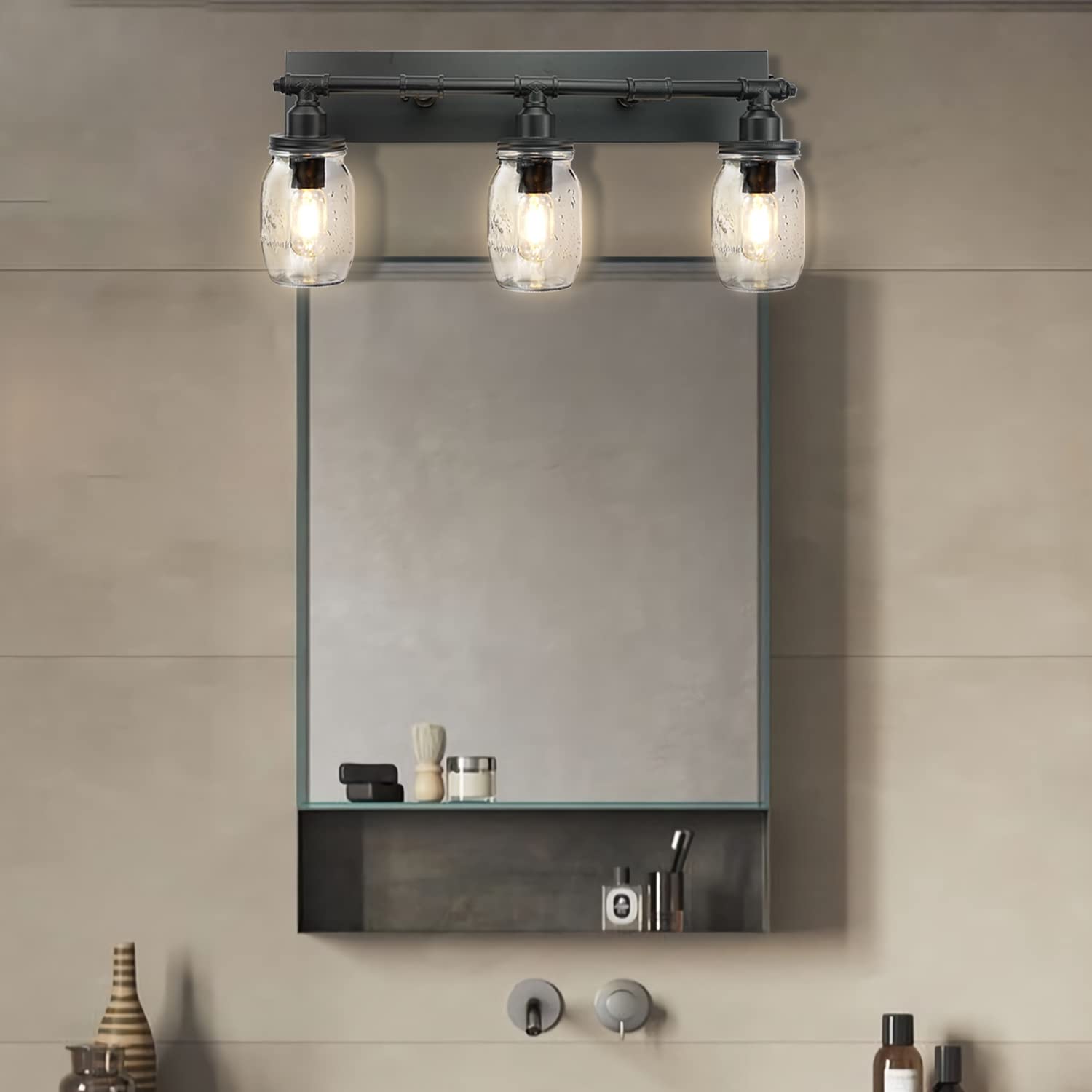 Industrial Mason Jar Vanity Light Fixtures - Black Finish Wall Sconce with 3 Lights for Bathroom, Bedroom, or Farmhouse Decor | Rustic Home Lighting Solution
