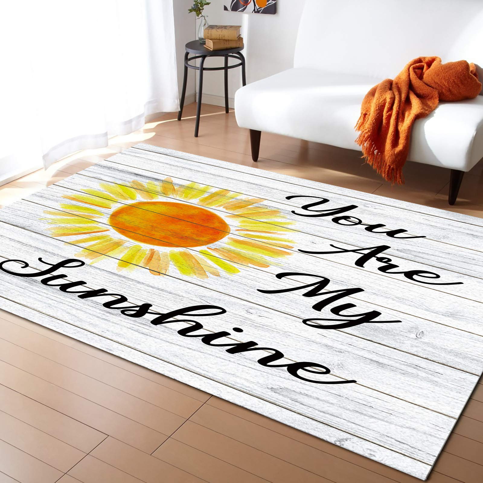 Non-Slip Contemporary Indoor Area Rugs - Washable Fade-Proof Rubber Backed Carpet for Living Room & Bedroom Decor | 4' x 6' White Wood Design 'You Are My Sunshine' Style | Perfect for Home, Office & Nursery Comfort