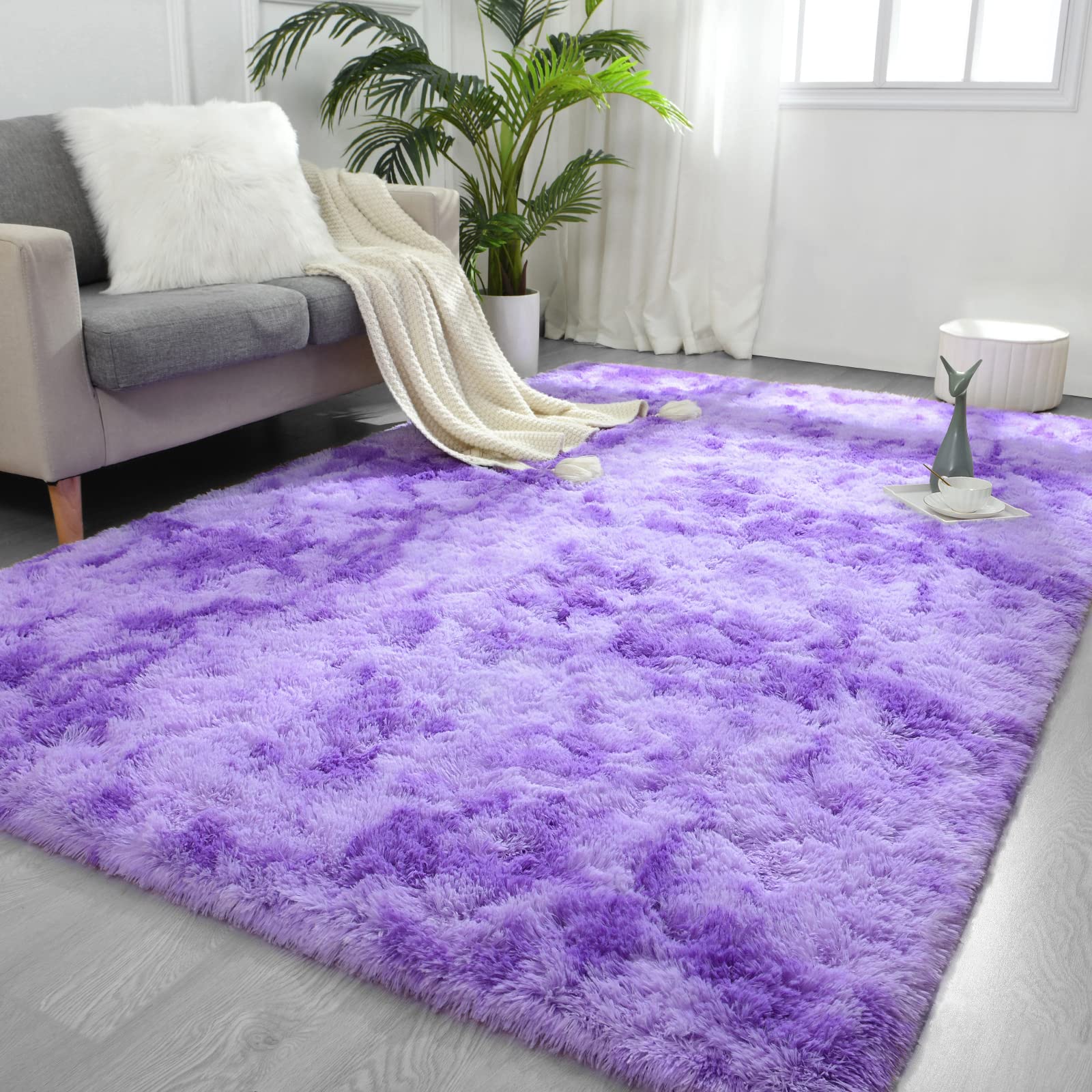 FlyDOIT Purple Tie-Dyed Shaggy Area Rug 4x6 Feet - Ultra Soft Plush Fluffy Living Room Rug, Modern Fuzzy Throw Carpet for Bedroom, Nursery, Kids Room & Dorm Decor - Perfect for Cozy Home & Boho Chic Style