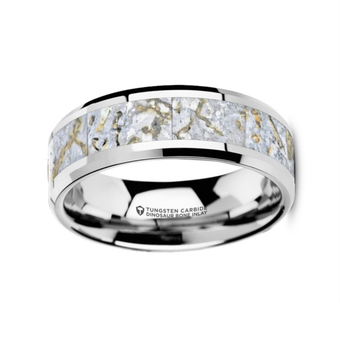 8mm Wide Mesozoic White Dinosaur Bone Inlaid Tungsten Carbide Wedding Band - Beveled Edge, Custom Engraving - Perfect for Unique Gifts & Anniversary Rings