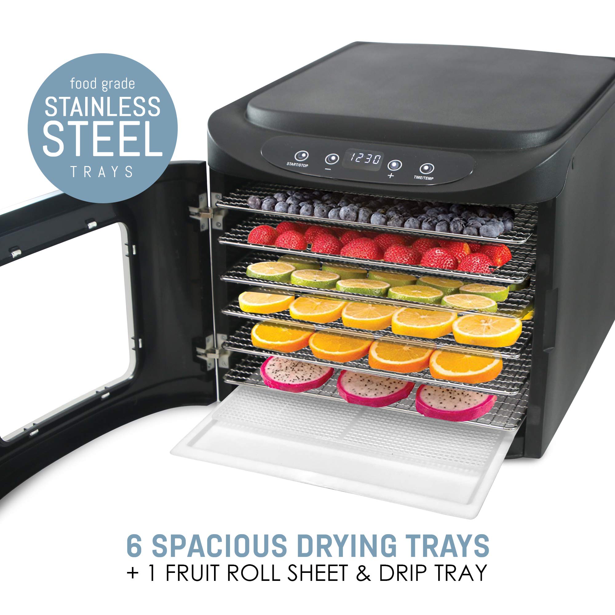 Elite Gourmet EFD-313B Digital Food Dehydrator Machine - 6 Stainless Steel Trays, Adjustable Temperature Control for Jerky, Herbs, Fruits & Vegetables | Perfect for Healthy Snacks, Camping & Meal Prep