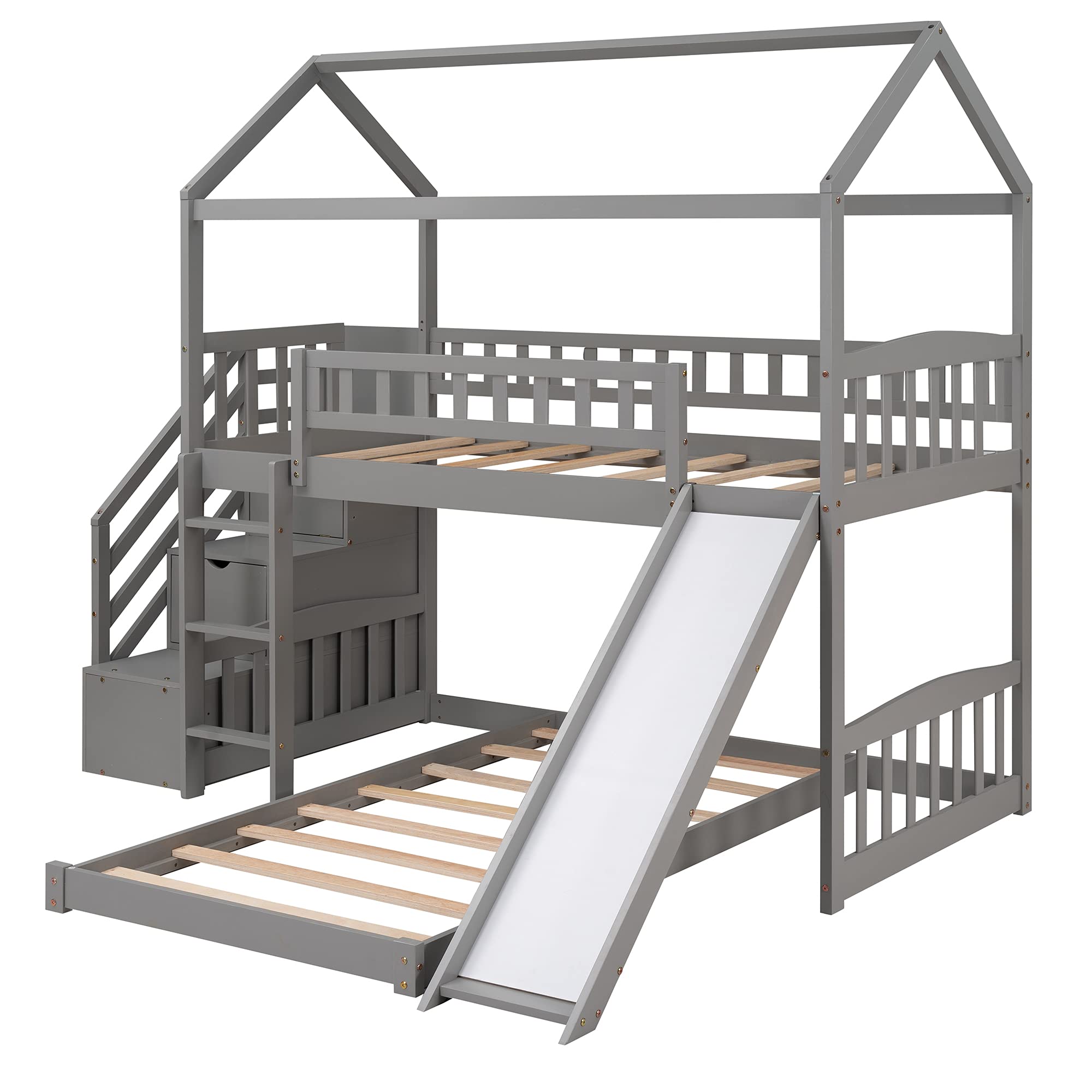 Solid Wood Twin Over Twin Bunk Bed with Slide - Kids House-Shaped Loft Bed Frame with 2 Drawer Stairs & Ladder for Boys/Girls/Teens - No Box Spring Needed (Gray) - Perfect for Small Bedrooms, Shared Kids Rooms & Play Areas