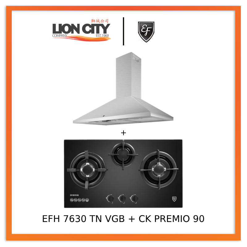 EF CK Premio 90 Stainless Steel Chimney Range Hood with EF EFH 7630 TN VGB Glass Induction Cooktop - Modern Kitchen Ventilation System for Home Cooking and Smoke Removal