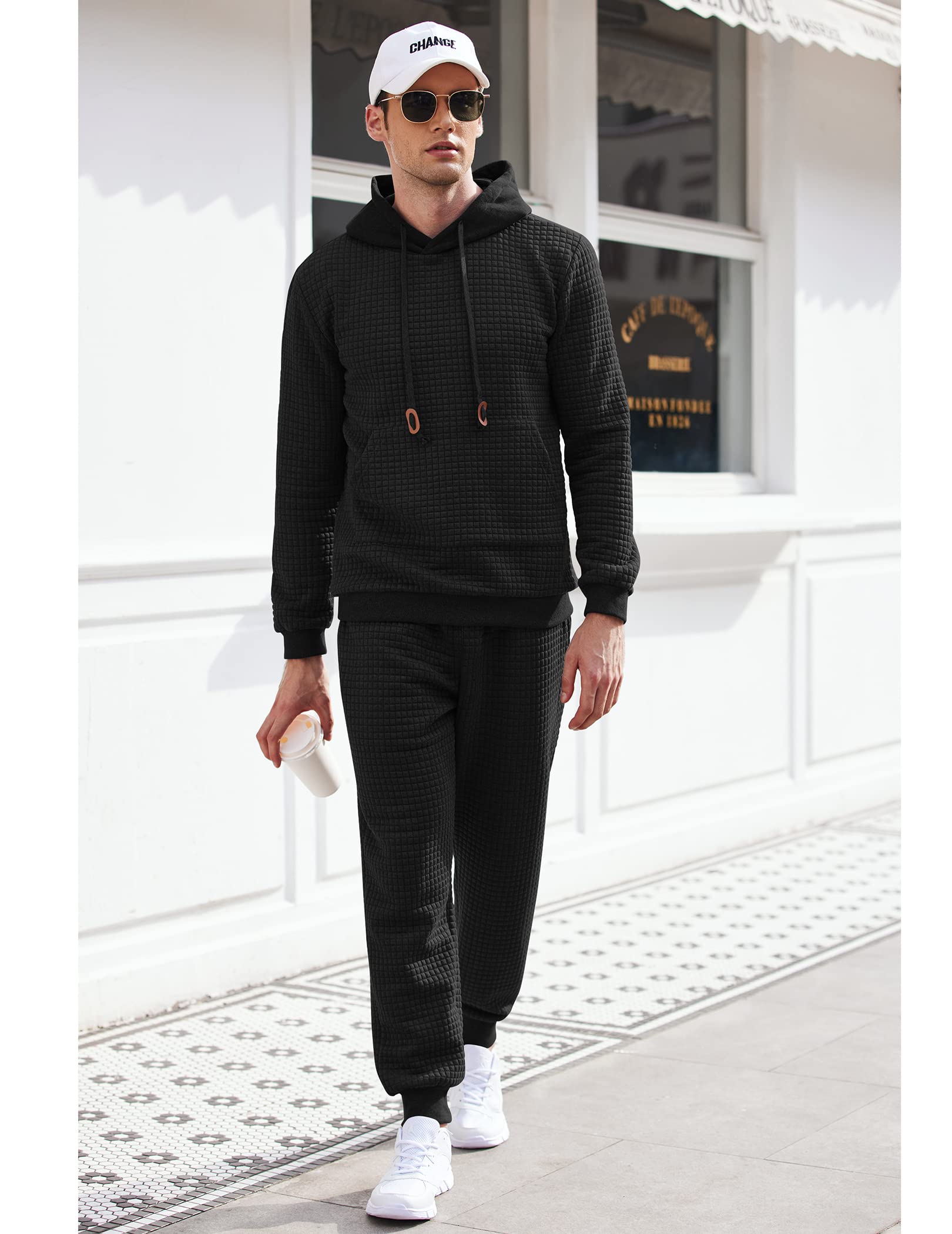 COOFANDY Men's 2 Piece Tracksuit Set - Hoodie & Jogger Sweatsuit, Waffle Plaid Jacquard Design for Casual Wear, Gym & Running | Athletic Outfit for Men's Streetwear & Lounge