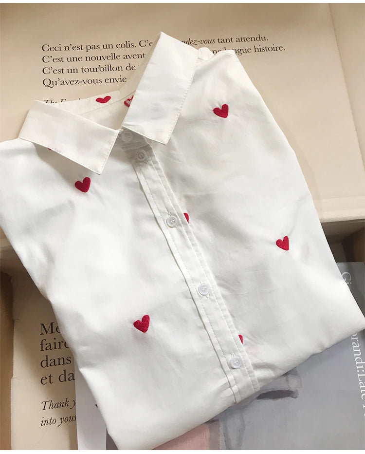 Women's Heart Embroidery Denim Shirt - Turn Down Collar Long Sleeve Blouse for Valentine's Day Gifts | Casual Wear, Date Night Outfit, Romantic Occasion Fashion